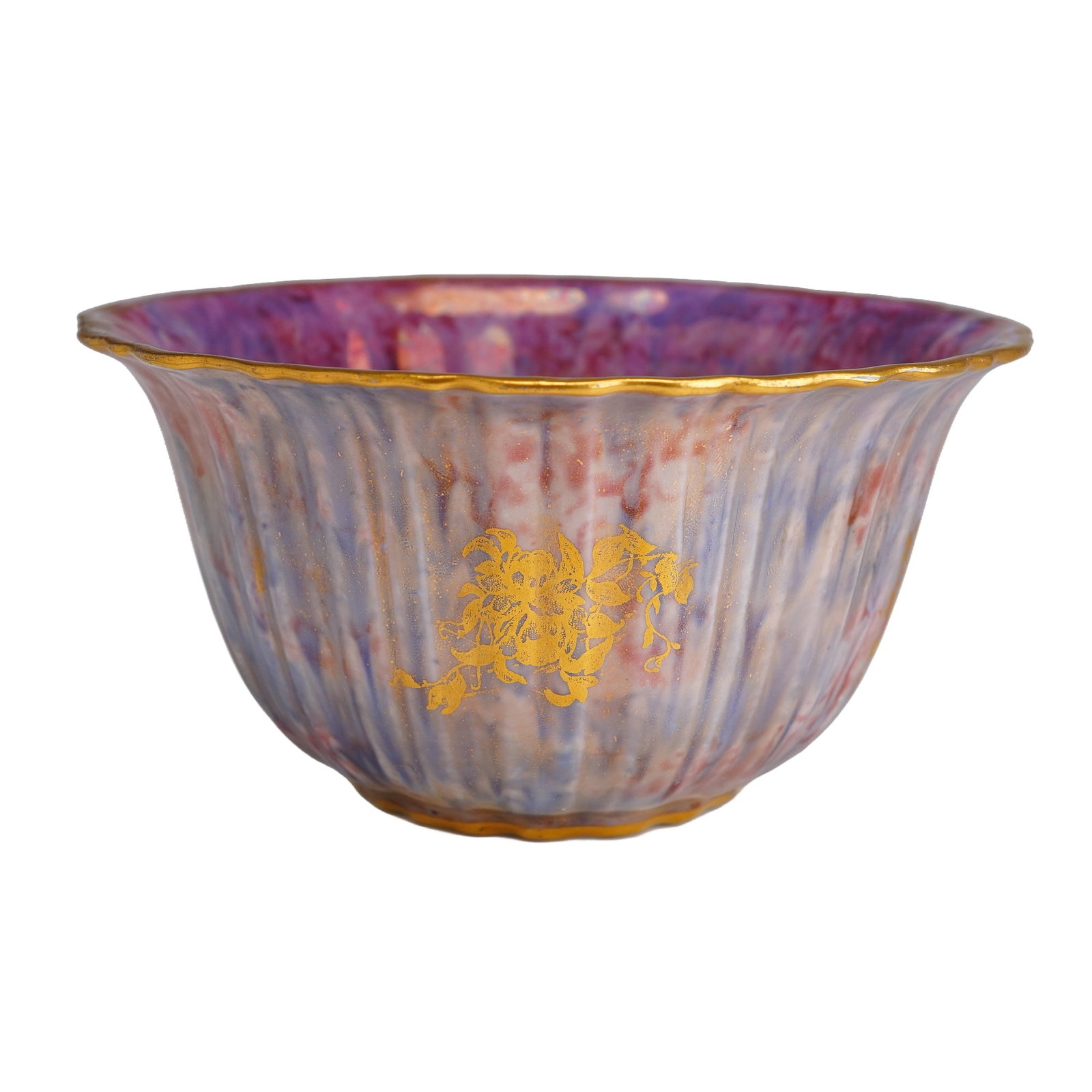 Wedgwood Gilt and Mottled Luster Bone China Fluted Bowl, ca. 1925: A Wedgwood fluted bone china bowl featuring a variegated luster glaze and gilded decoration. The interior is finished in a mottled pink and purple luster accented with gilt-traced bamboo leaf motifs. 