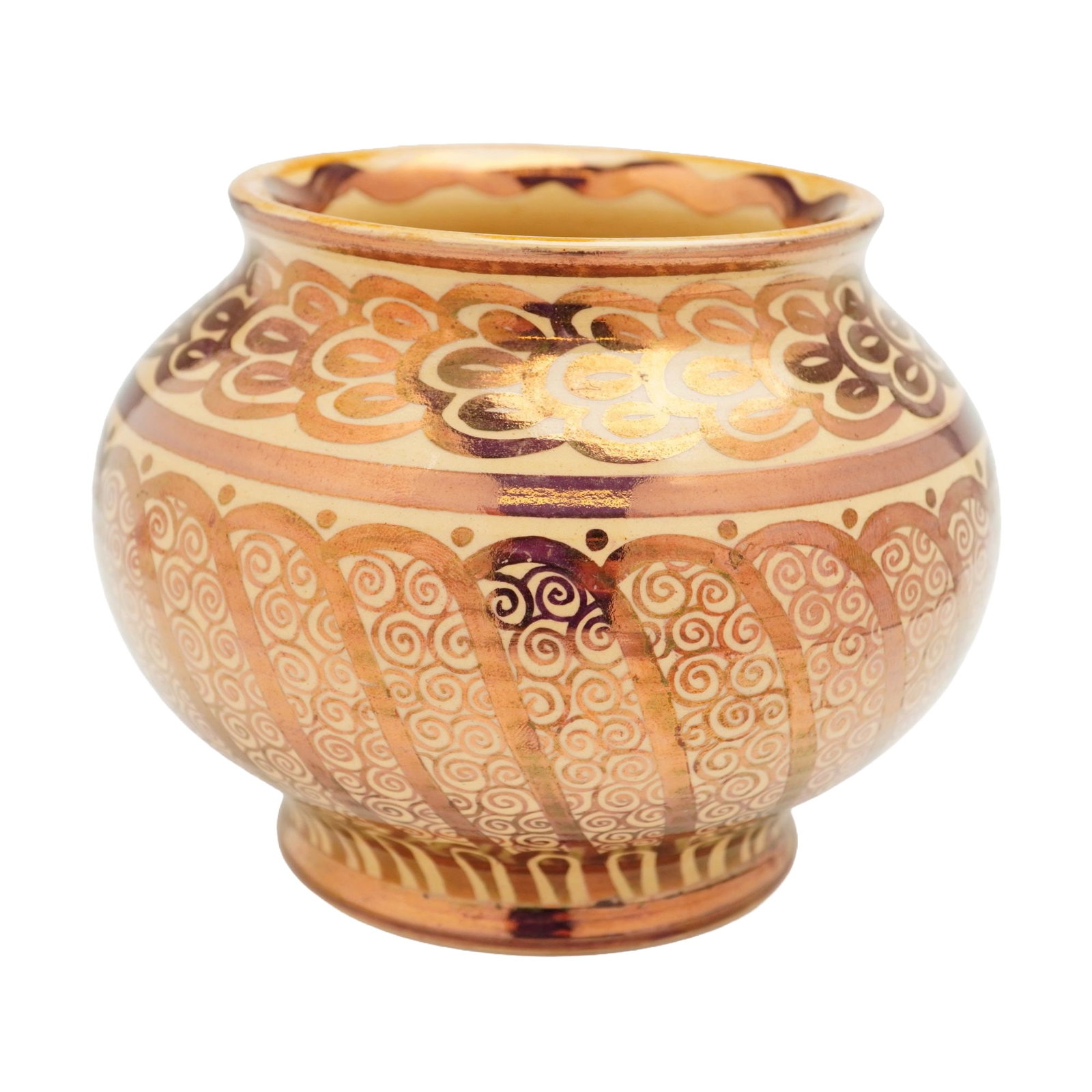 Wedgwood John Goodwin Caneware Copper Luster Decorated Vase c. 1920s: A Wedgwood caneware vase designed by John Goodwin, dating to approximately 1925. This fine earthenware piece of globular form features a flared rim and a short circular foot. The exterior is decorated