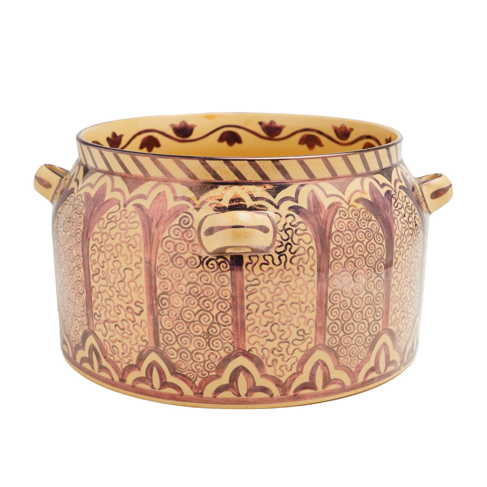 Wedgwood John Goodwin Caneware Copper Luster Decorated Vase circa 1920s: This Wedgwood ceramic vessel, a jardiniere or large vase designed by John Goodwin, dates to approximately the 1920s. It is crafted from caneware and features a tapering cylindrical form with two lug h