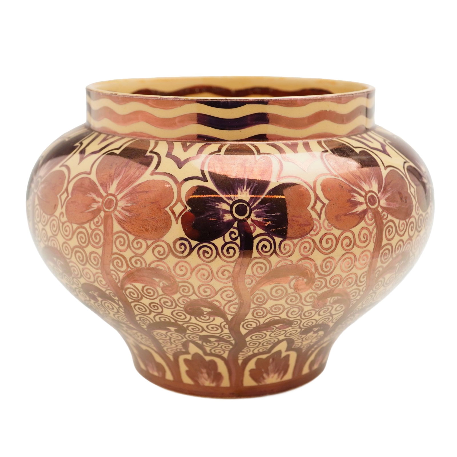 Wedgwood John Goodwin Caneware Copper Luster Decorated Vase circa 1920s: A Wedgwood caneware vase featuring copper luster decoration, designed by John Goodwin, dating to approximately the 1920s. The vessel has a bulbous, squat form with a short, straight neck. The exterior