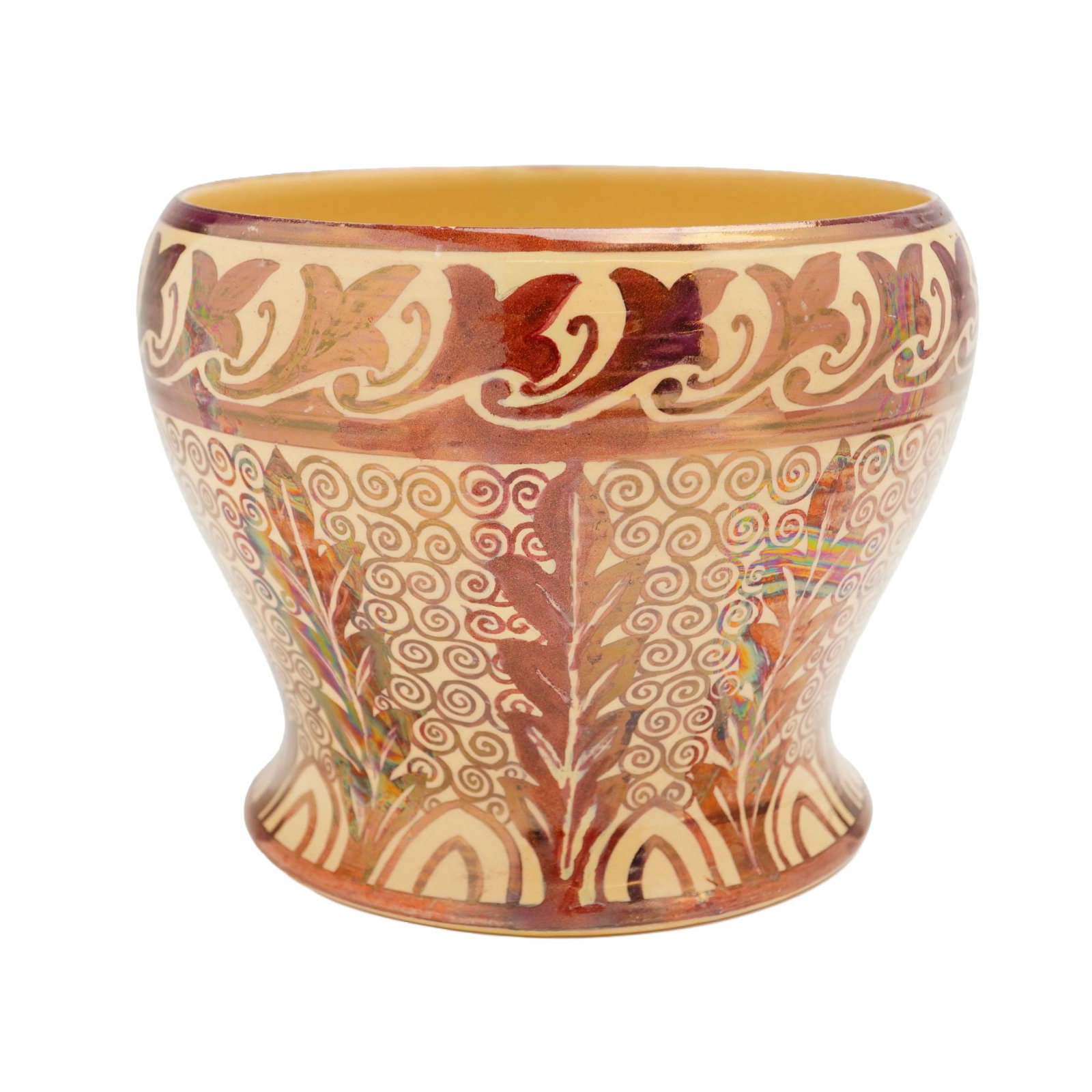 Wedgwood John Goodwin Caneware Copper Luster Decorated Vase, circa 1920s: This Wedgwood caneware vase, designed by John Goodwin, features a bulbous, wide-mouthed form that tapers to a flared pedestal foot. The exterior is decorated with three distinct horizontal bands of me