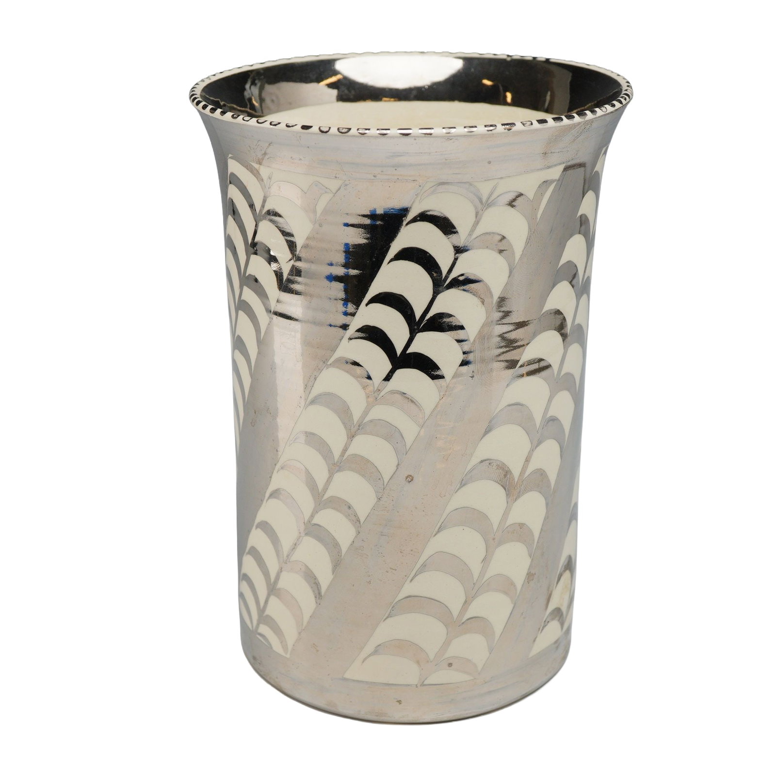 Louise Powell for Wedgwood Silver Luster Earthenware Vase: This Louise Powell for Wedgwood earthenware vase features hand-painted silver luster decoration on a cream-colored body. The cylindrical vessel is designed with a slightly flared rim and a flat base. 