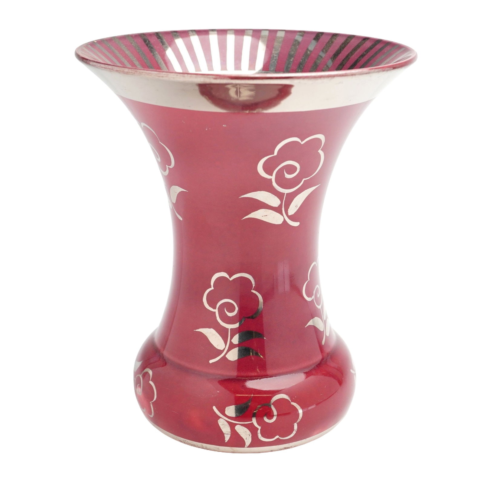 Wedgwood Rouge Flamboyant and Silver Lustre Ceramic Trumpet Vase, circa 1932: A Wedgwood trumpet-form ceramic vase featuring a flared rim and a bulbous base. The exterior is finished in a deep red Rouge Flamboyant glaze, decorated with stylized floral motifs in silver lustre ov