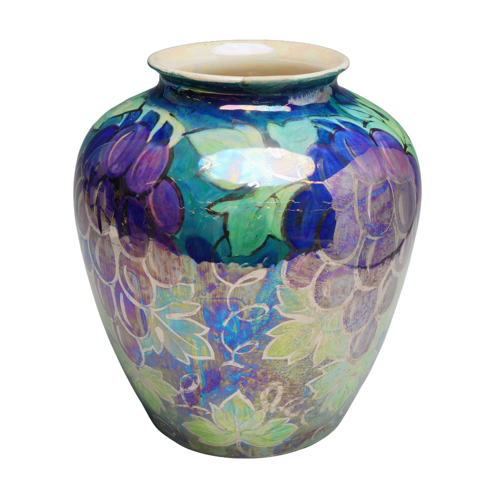 Wedgwood Hand Painted Luster Decoration Grape Vine Vase: This large Wedgwood earthenware vase features hand-painted luster decoration on an ovoid, bulbous body that tapers to a flat base with a short, wide-rimmed neck. The surface is decorated with a botani