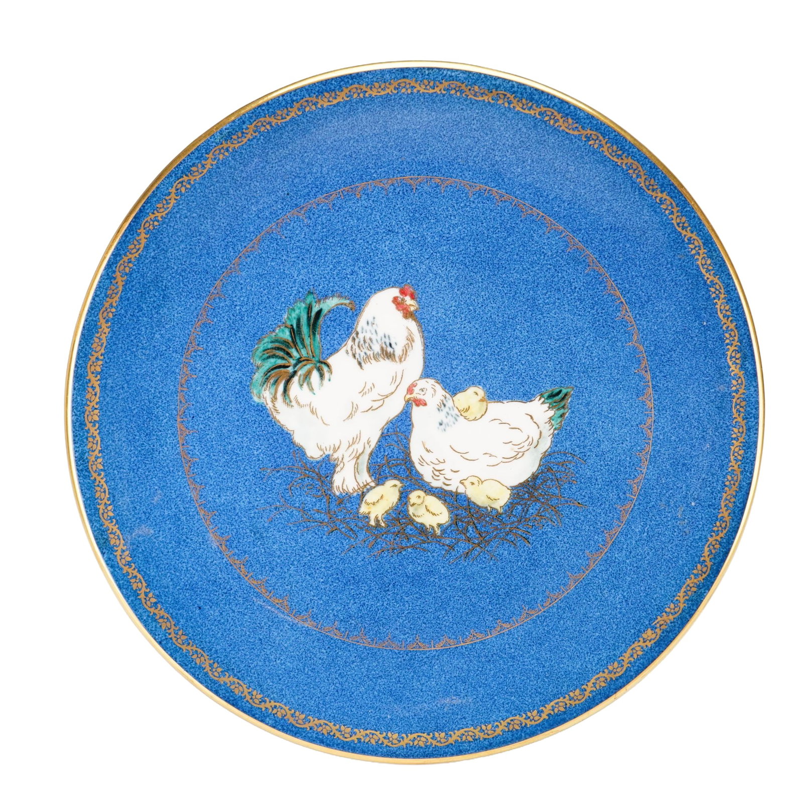 Wedgwood Blue Lustre Bone China Plate with Gilt and Chicken Motif from the Rubin Collection: A Wedgwood fine bone china plate featuring a mottled powder blue ground. The central well is decorated with a polychrome scene of a rooster, a hen, and four chicks. This central motif is enclosed by t
