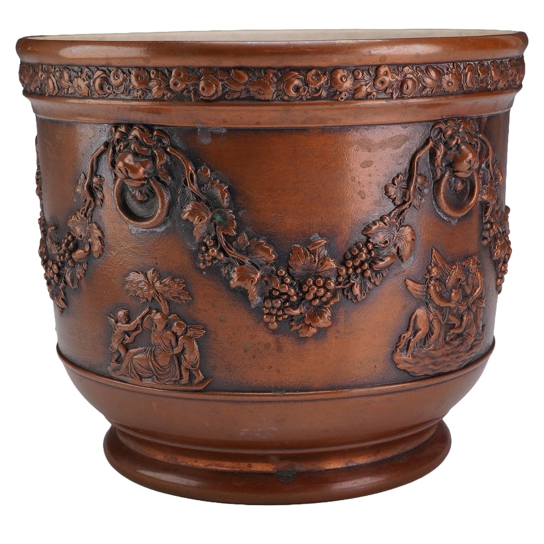 Wedgwood Bronzed Black Basalt Cachepot: A 19th-century Wedgwood jardiniere or cachepot crafted from black basalt stoneware with a specialized bronzed metallic surface treatment. This finish was designed to emulate the appearance of cast bro