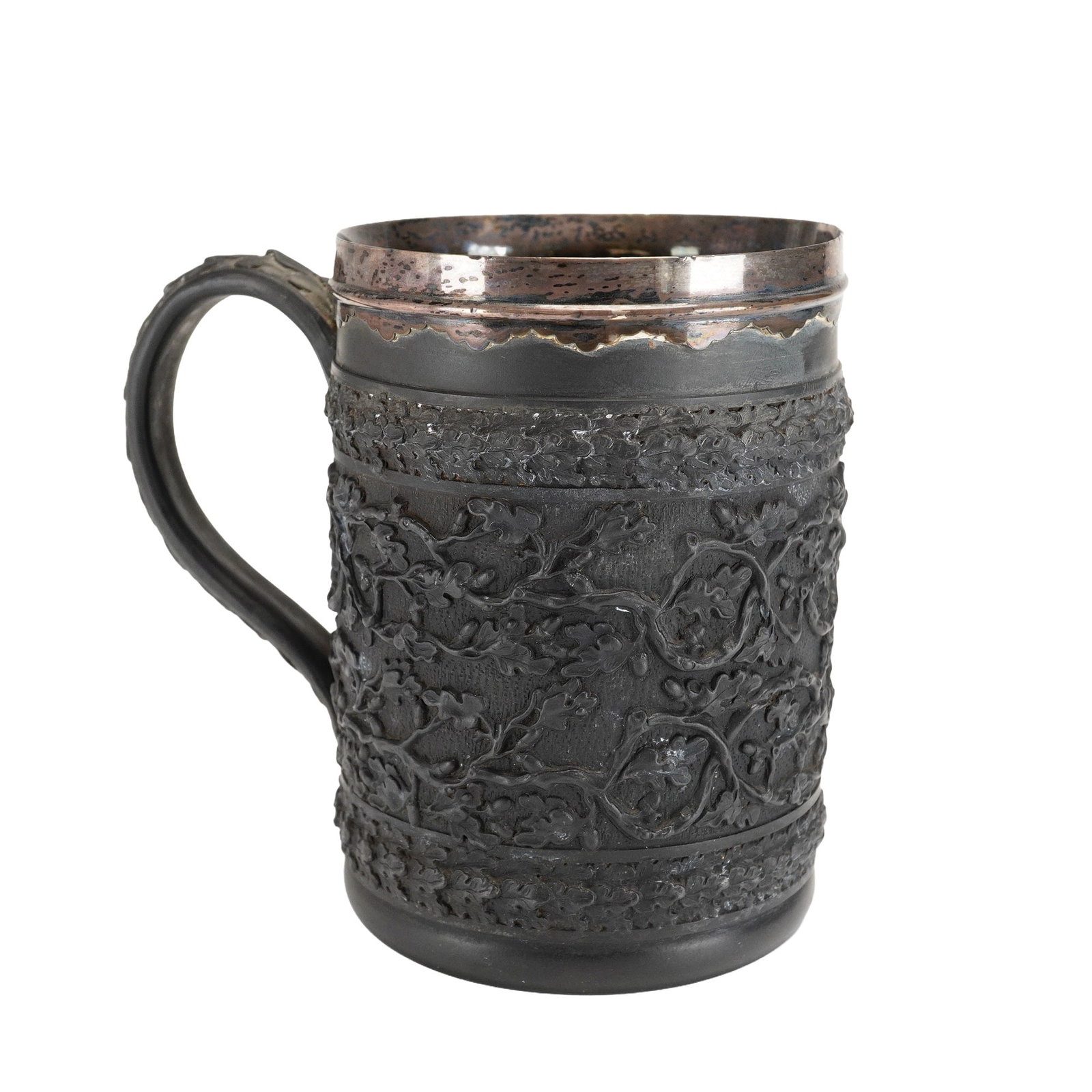 Wedgwood Black Basalt Mug with Silver Plate Rim and Oak Leaf Relief Decoration (1 of 4)