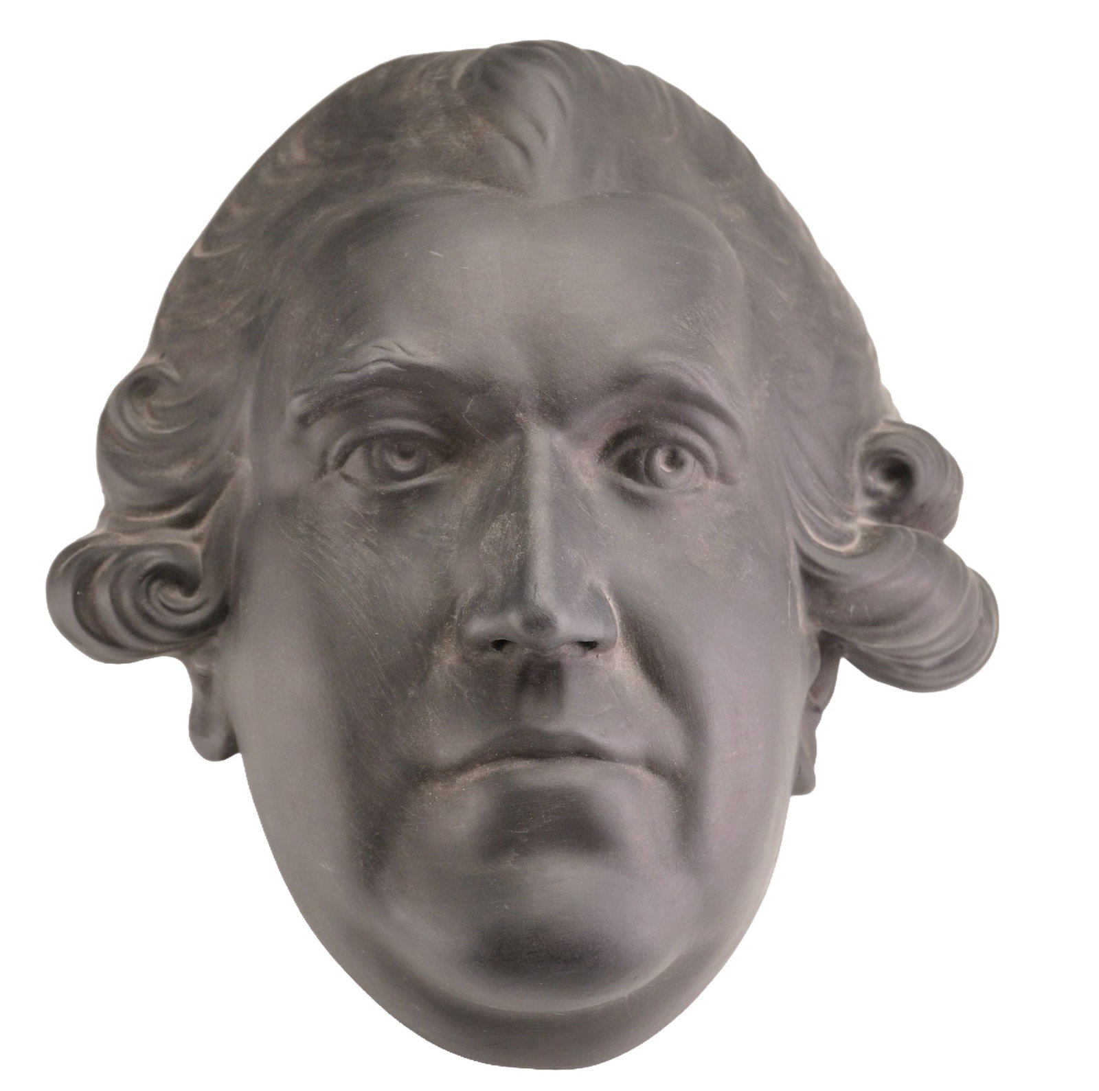 Black Basalt Sculpted Head of Josiah Wedgwood by Billy Evans: This black basalt stoneware portrait mask of Josiah Wedgwood was modeled by Billy Evans circa 2005. The sculpted head depicts a mature Josiah Wedgwood with hair styled in mid-18th-century curls and fe