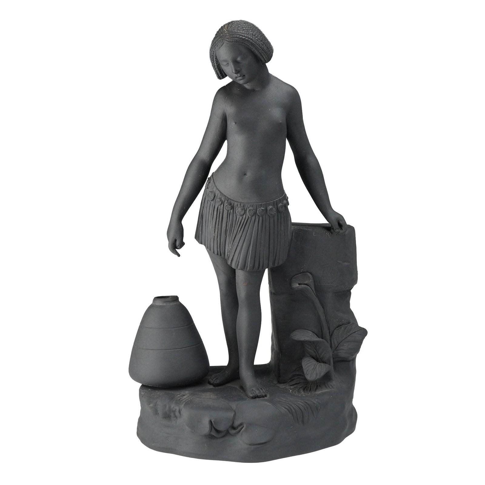 Wedgwood Black Basalt Nubian Water Carrier Figure: A Wedgwood black basalt figure titled Nubian Water Carrier, produced in England during the late 19th century. The sculpture depicts a standing female figure with finely textured braided hair, rendered