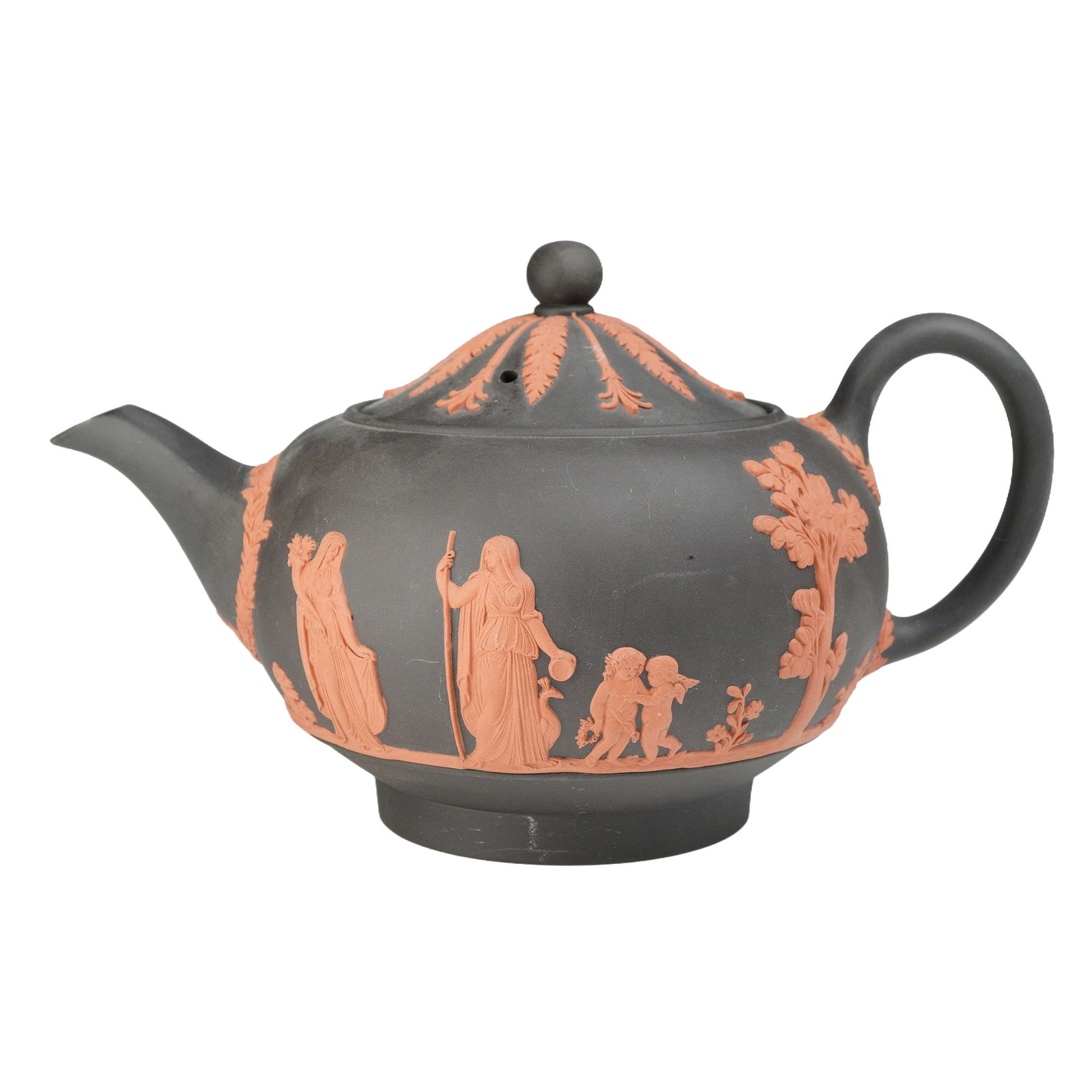 Wedgwood Limited Edition Terracotta and Black Jasperware Teapot: This is a contemporary limited edition teapot manufactured by Wedgwood in England, featuring a black basalt body with terracotta colored applied relief decoration in the jasperware style. The vessel h