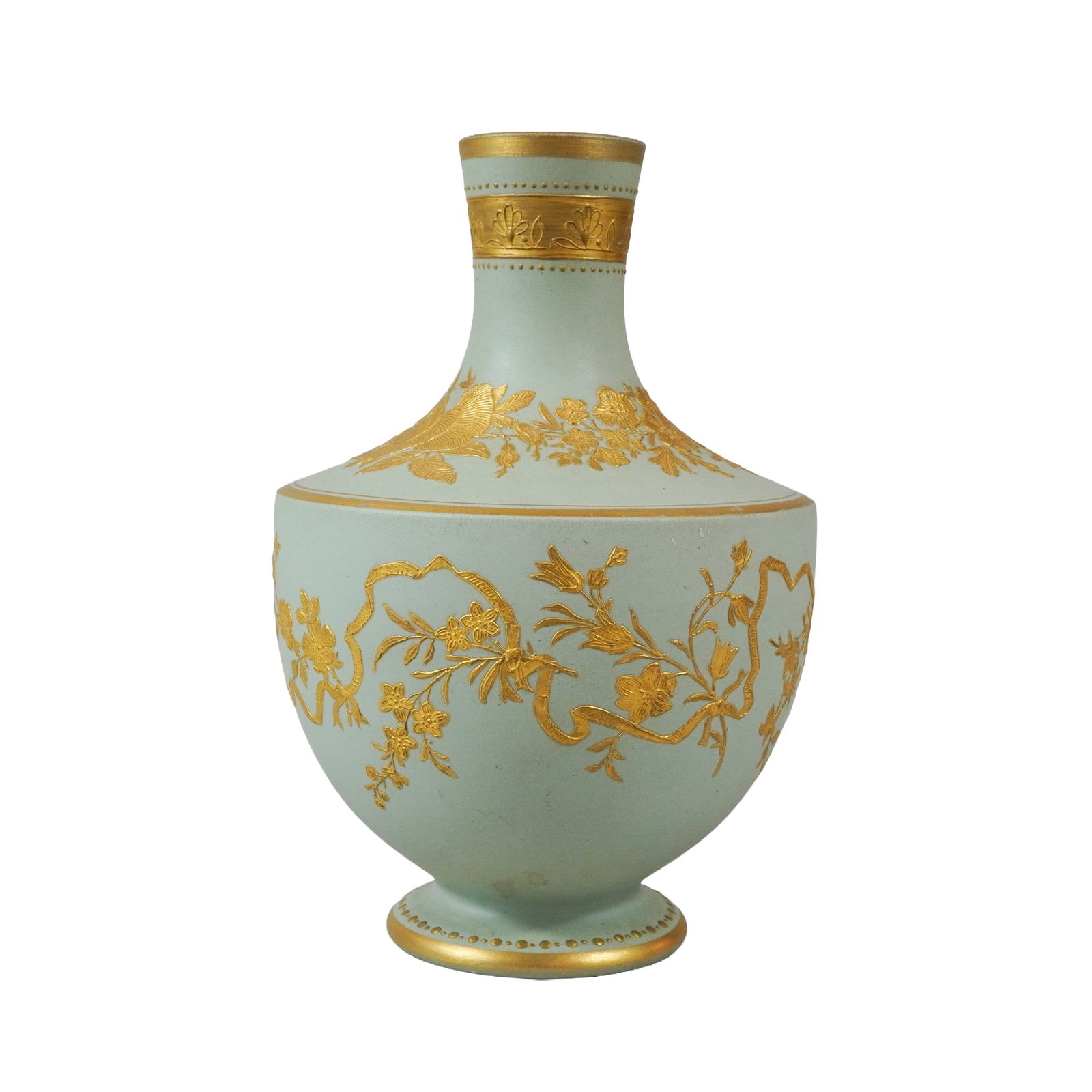 Wedgwood Celadon Stoneware Vase with Raised Floral Gilt Decoration: The small vase is crafted in light celadon or seafoam green jasper with a characteristic matte finish. The bulbous body features elaborate raised gilded ornamentation depicting floral swags and ribbon