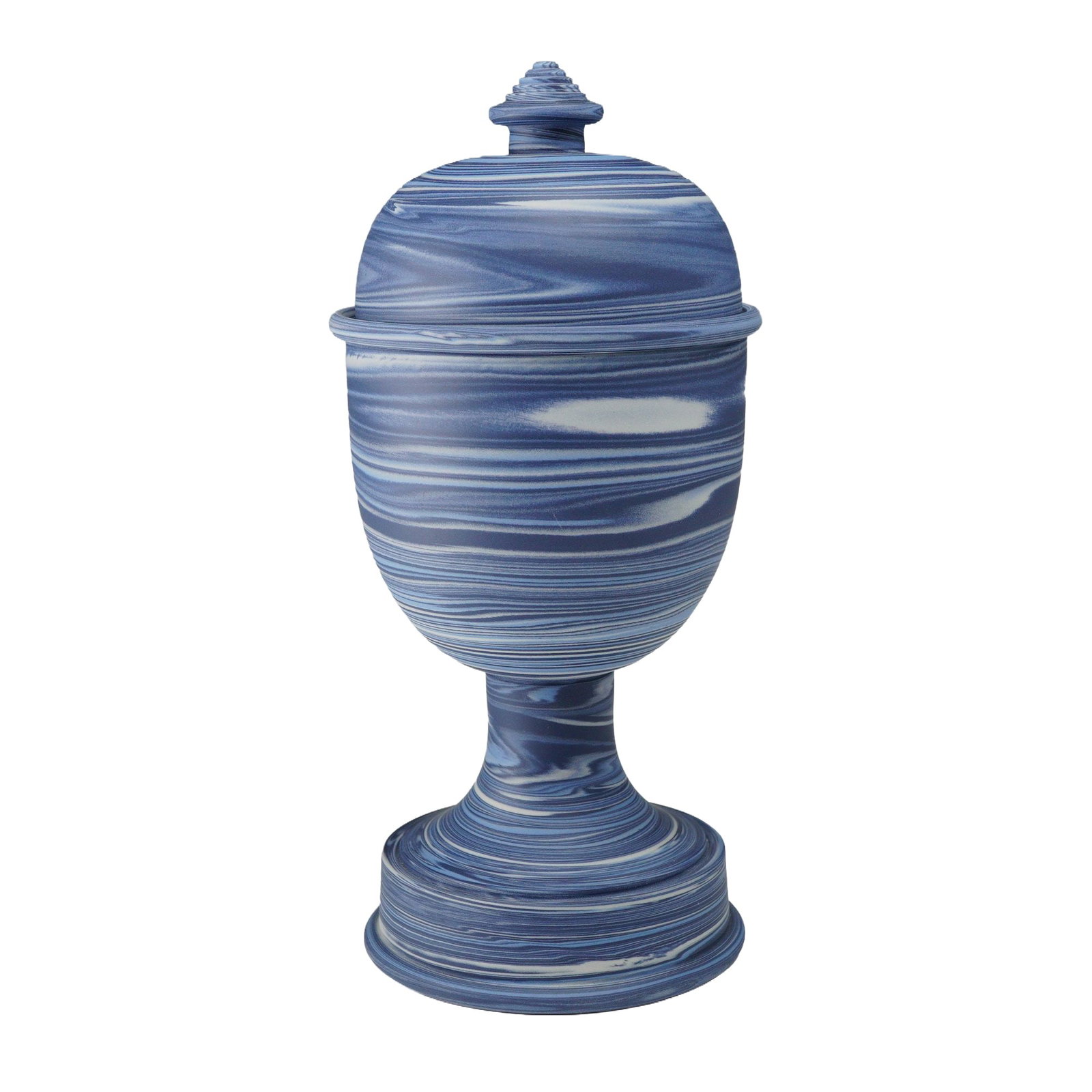Wedgwood Solid Marbled Jasper Covered Vase Signed 2002: This Wedgwood solid marbled jasper covered vase is designed in a classical urn form, featuring a tapered bowl set upon a pedestal stem with a stepped circular foot. It is accompanied by a fitted, dome