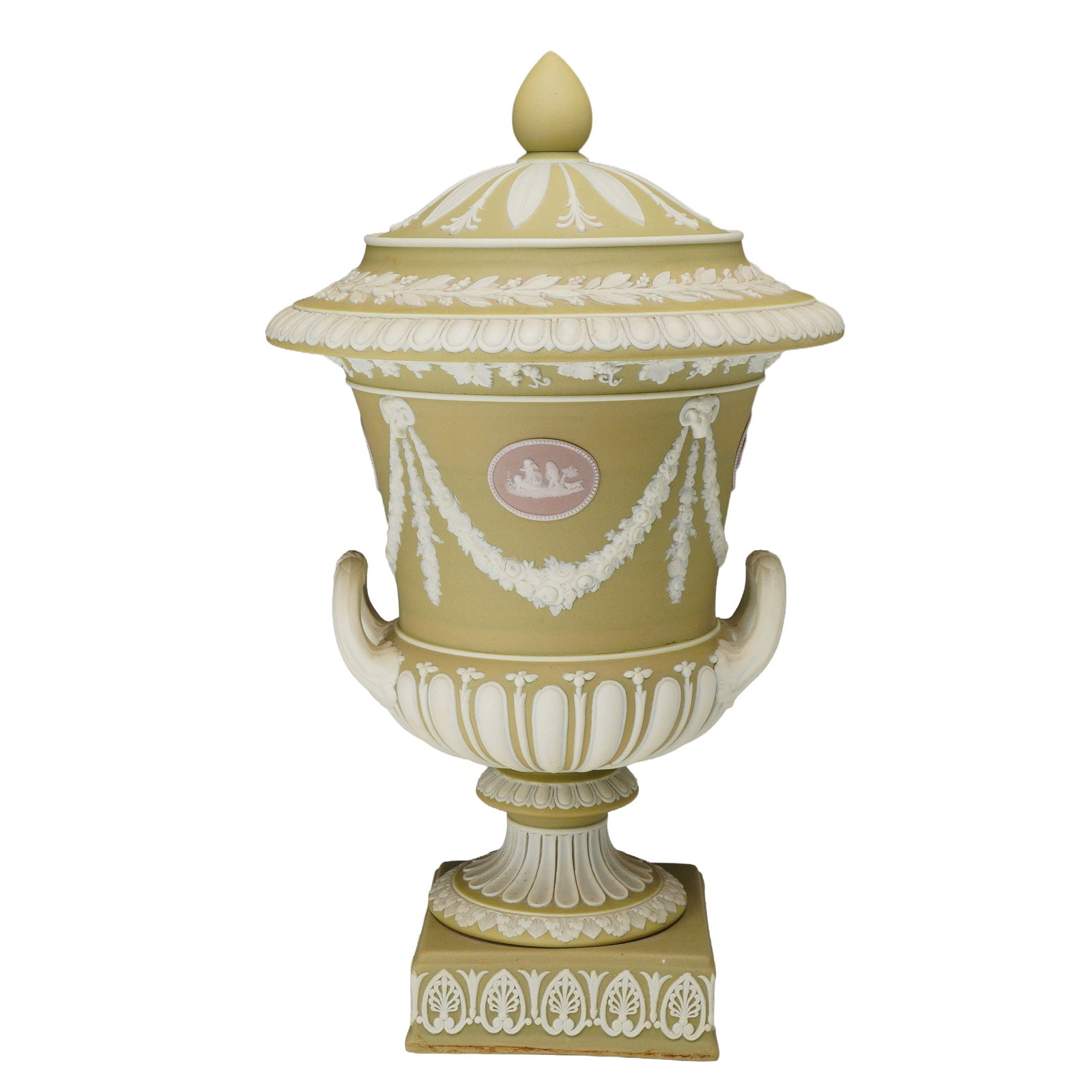Wedgwood Tricolor Sage Green Jasperware Campagna Lidded Urn: This Wedgwood tricolor jasperware lidded urn is designed in the neoclassical Campagna form. The piece is constructed from fine stoneware with a matte, unglazed sage green ground. It features white spr