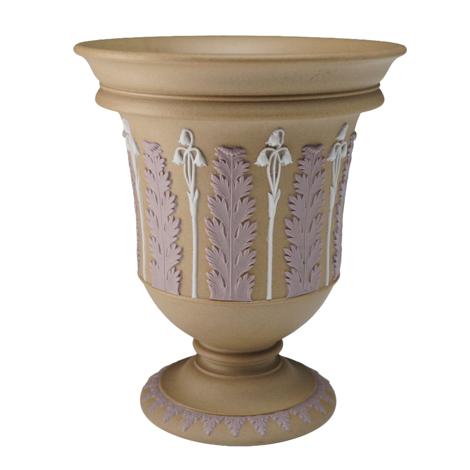 Wedgwood Tri-Color Drabware Vase, circa 1820: This footed urn-form vase is crafted from buff-colored drabware stoneware, a variety of cane jasperware produced by the Wedgwood factory. The exterior features a matte finish decorated with tri-color 
