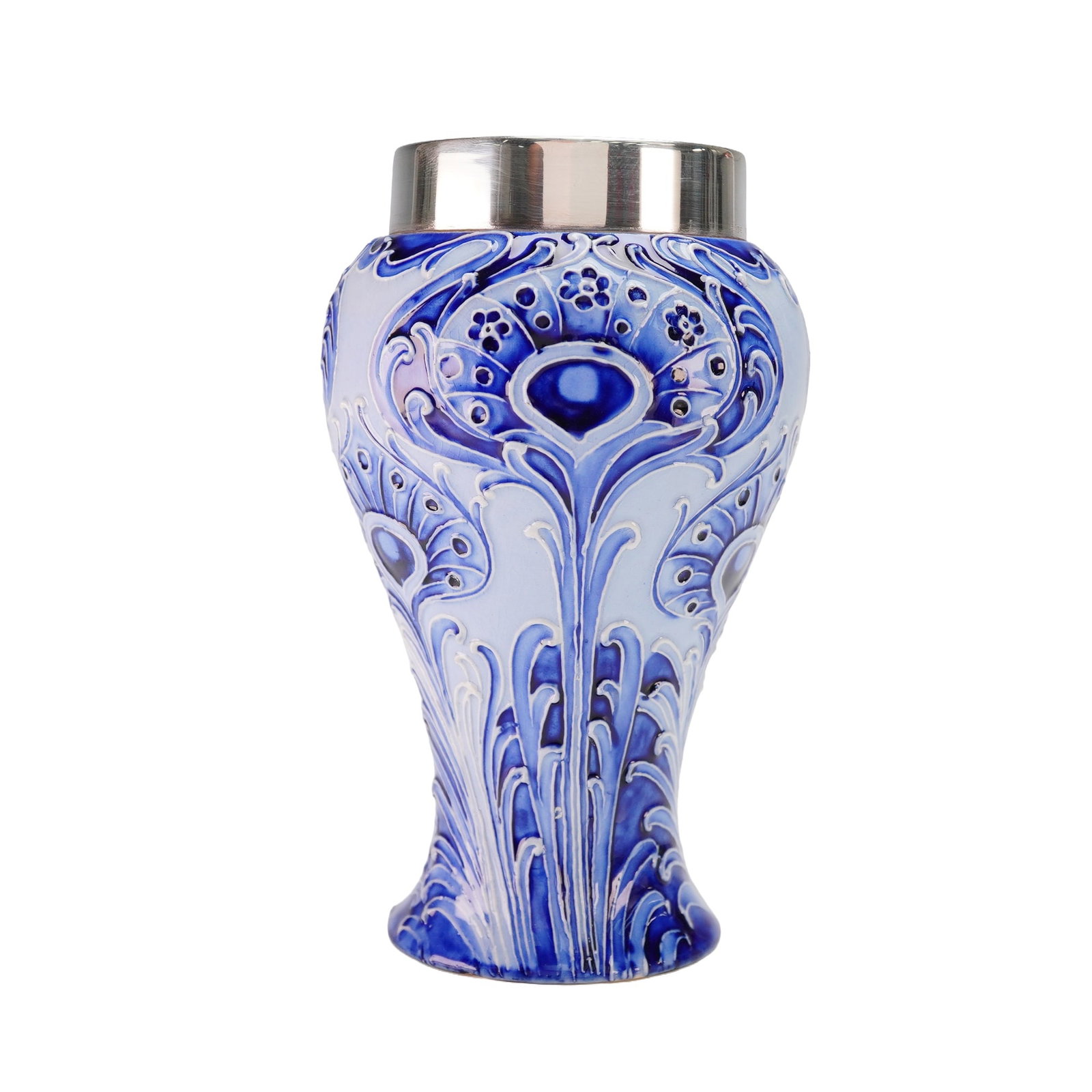 Moorcroft Macintyre Florian Peacock Feather Vase with Sterling Silver Rim: Features a baluster form embellished with an intricate peacock feather motif executed in the tube line technique. The sterling silver rim designed by James Dixon & Sons. Hallmarked "J D & S", along wi