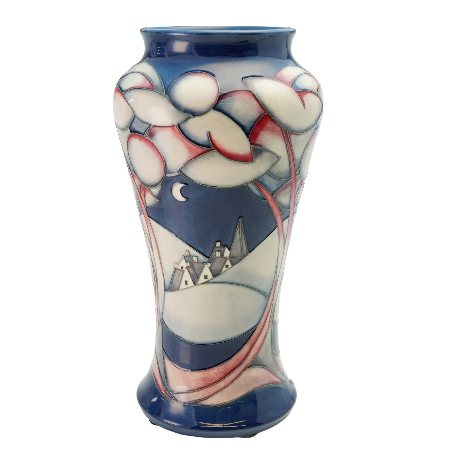 Moorcroft Pottery by Sian Leeper and Sharon Austin Vase, Frosted Hollow: Designed by Sian Leeper and Sharon Austin, this ceramic vase features a tubelined landscape of rolling hills and a village situated between valleys under a dark blue sky with a white crescent moon. Th