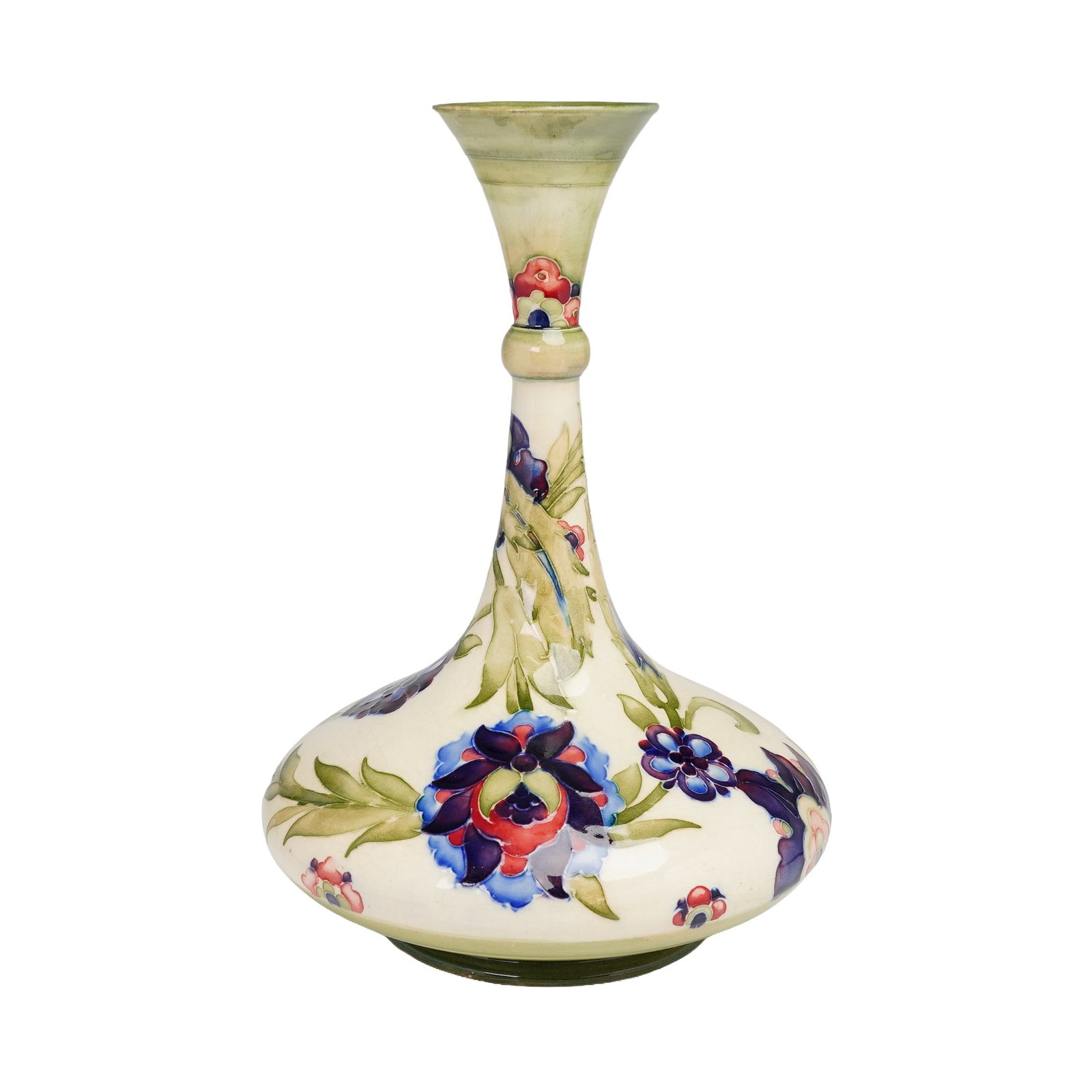William Moorcroft Persian Ware Floral Vase: A single ceramic vase attributed to William Moorcroft, executed in the Persian Ware pattern. The form features a squat, bulbous body transitioning into a long, slender neck that terminates in a wide, 