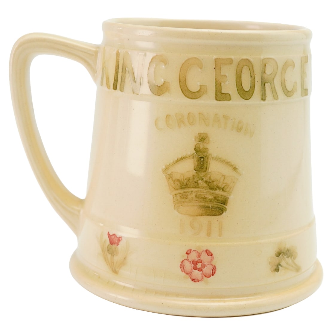 Moorcroft for Liberty & Co. King George V and Queen Mary Mug: A William Moorcroft commemorative mug for Liberty & Co. to mark the 1911 coronation of King George V and Queen Mary. The exterior features tubelined depictions of the royal crown, orb, and emblems, al