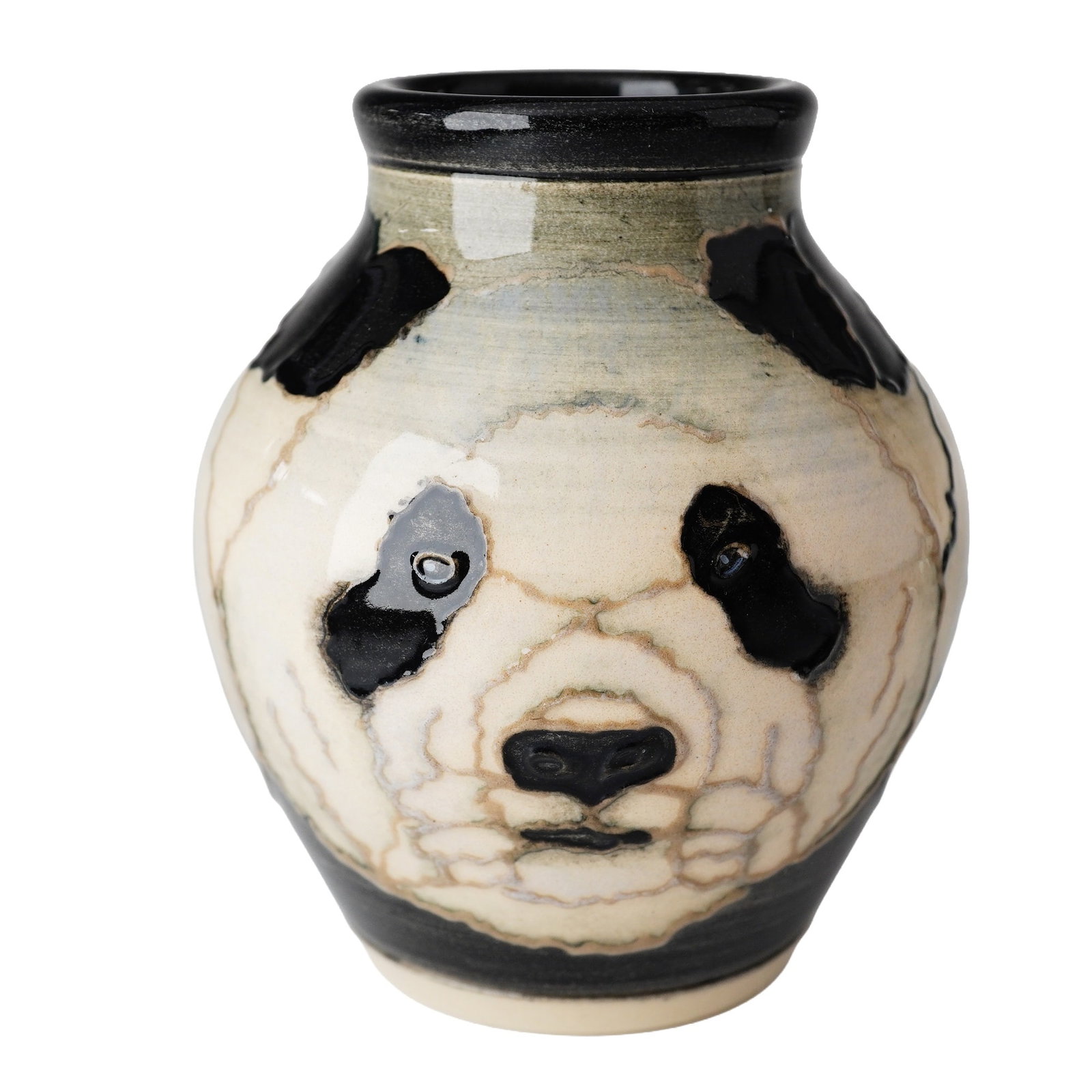 Dennis China Works Sally Tuffin Earthenware Trial 1 Vase, Panda 2007: This is a Dennis China Works glazed earthenware trial vase featuring a panda pattern. Designed by Sally Tiffin and Richard Dennis, this piece represents a prototype for the studio's animal series. The