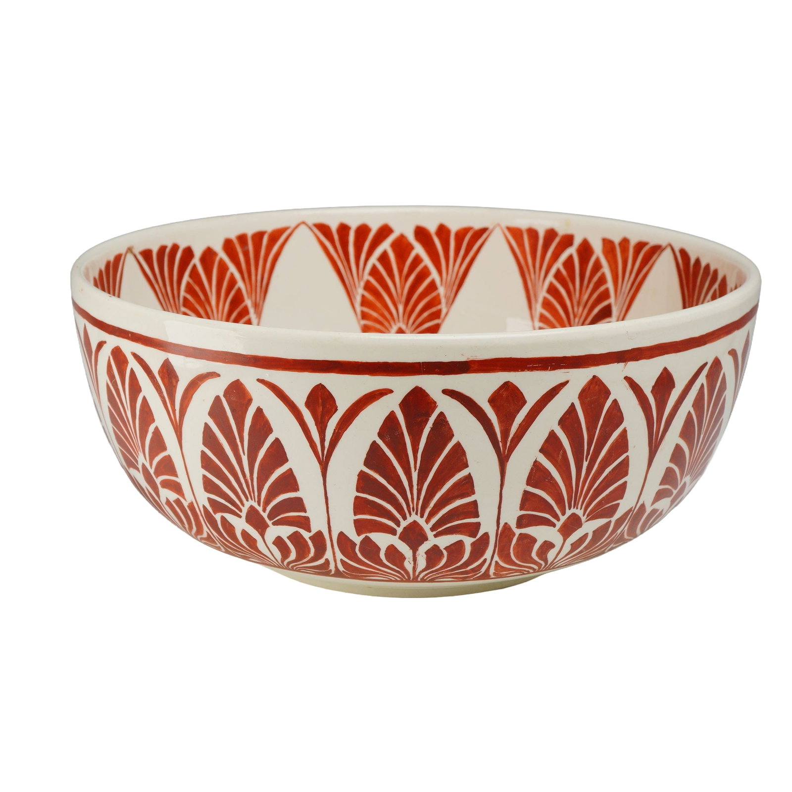 Wedgwood Large Arts and Crafts Earthenware Bowl with Leaf Decoration: This large Wedgwood earthenware bowl is designed in the Arts and Crafts style, dating to circa 1917. The bowl is of hemispherical form with a slightly flared rim and sits on a low, unglazed foot rim. 