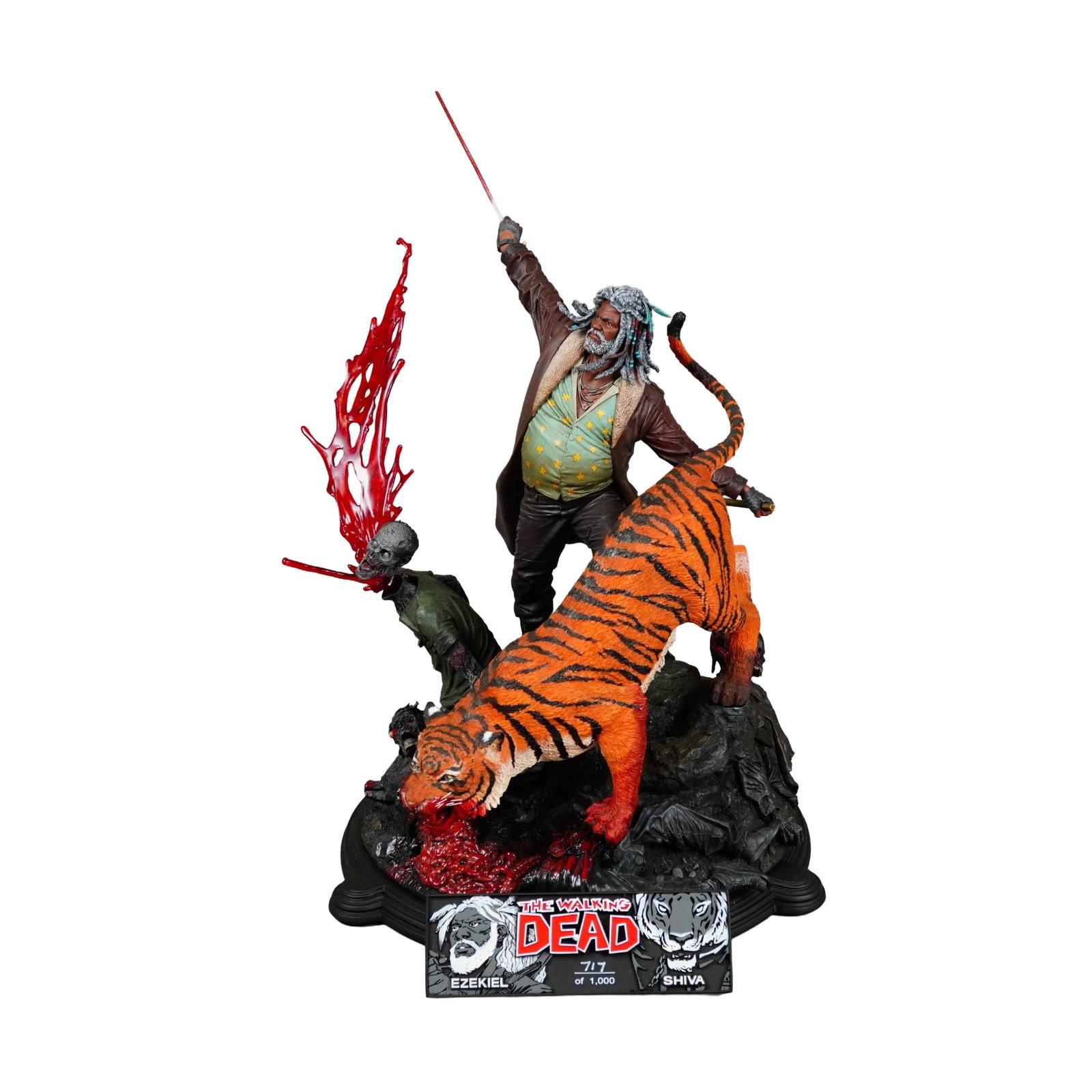 McFarlane Toys The Walking Dead Ezekiel and Shiva Limited Edition Resin Statue Number 717 of 1,000: A highly detailed cold-cast resin statue featuring characters King Ezekiel and his tiger Shiva from The Walking Dead comic series. Produced by McFarlane Toys (TMP International Inc.), this piece was c