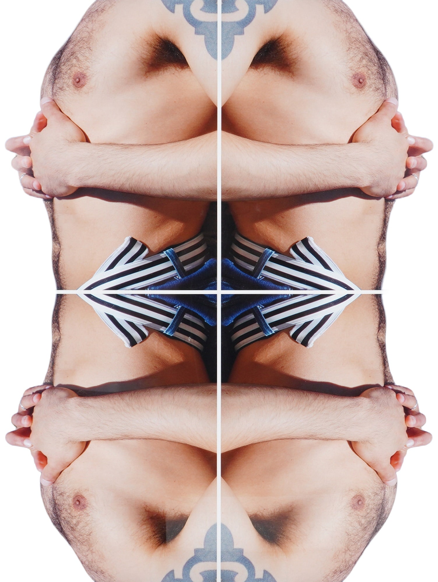 A Contemporary Framed Color Photographic Print of a Male Torso: A framed contemporary color photographic print featuring a four-panel, mirrored composition of a male torso. The subject is shown with arms crossed over the chest, a visible shoulder tattoo, and strip