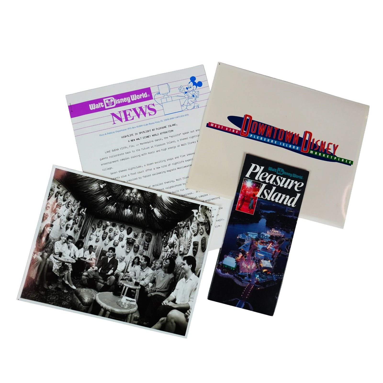 4pc Original Walt Disney World Pleasure Island Press Materials: This compilation of press materials includes press photographs, a press release, and a pamphlet about Walt Disney World's Pleasure Island. Dimensions: 8.75"L x 0.25"W x 11"H Provenance: From the estat
