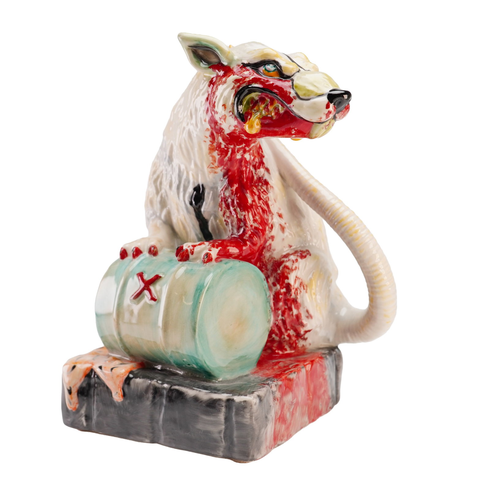 Kevin Francis Ceramics Banksy Street Art Toxic Rat Prototype Figurine: A contemporary hand-painted glazed ceramic figurine from the Kevin Francis Ceramics Banksy Street Art series, titled Toxic Rat Trial. The piece depicts a snarling white rat with red splatters across i