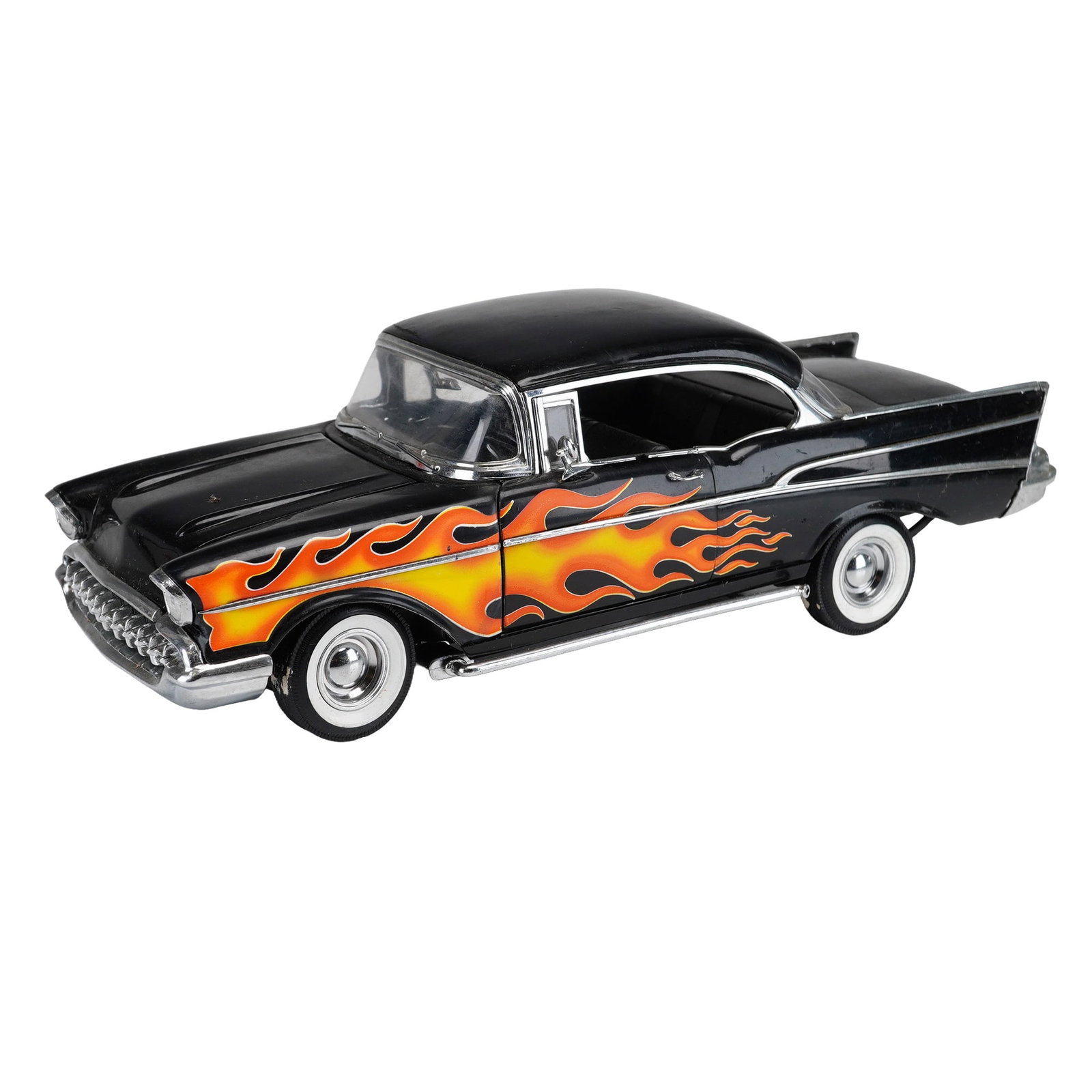 Ertl 1957 Chevrolet Bel Air Custom Hot Rod 1:18 Scale Die-Cast Model Car: Manufactured by Ertl as part of the American Muscle collection, this 1:18 scale 1957 Chevrolet Bel Air Custom Sport Coupe features a die-cast metal body with plastic interior, chassis, and trim compon