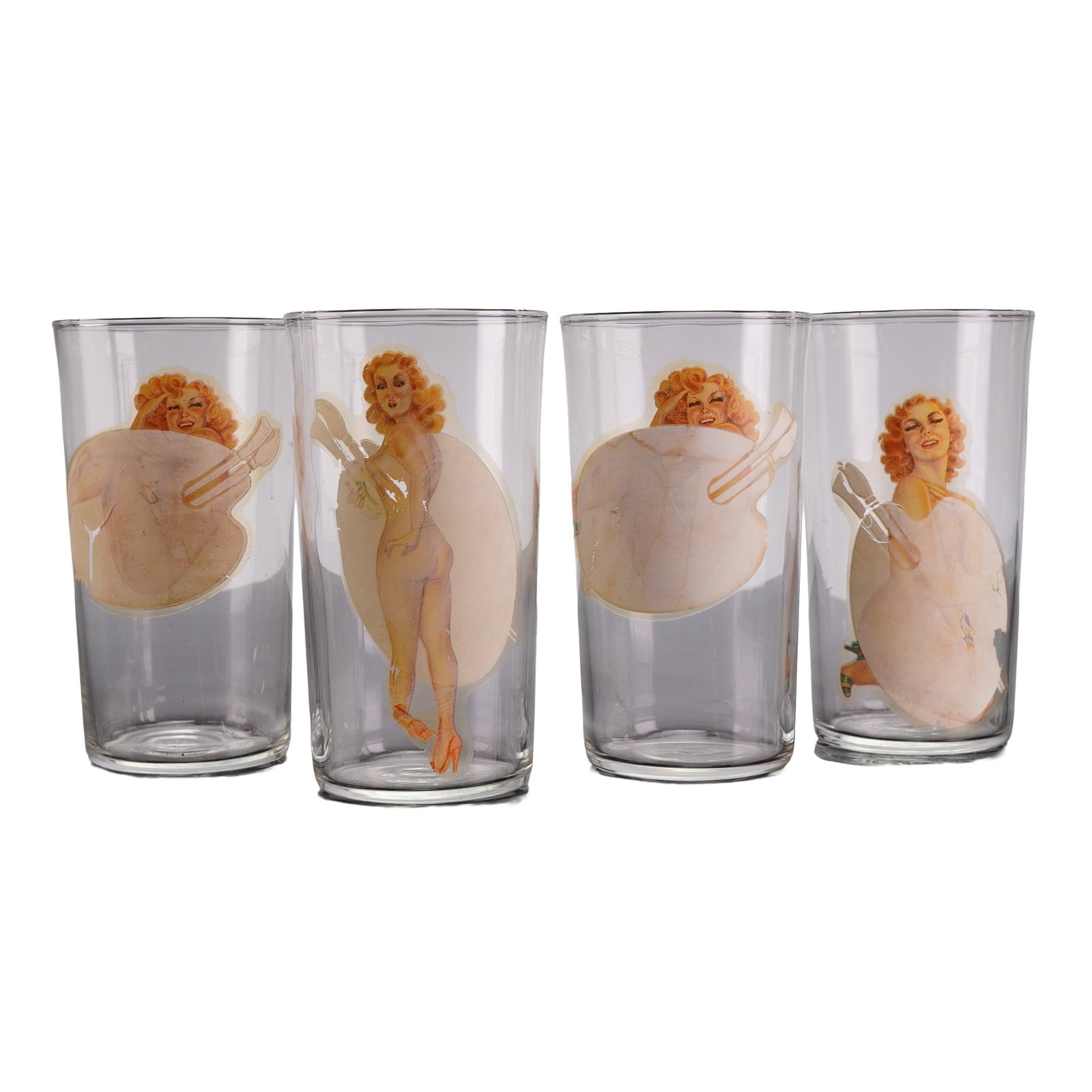 4pc Mid-Century Peek-A-Boo Pin-Up Highball Glasses: A set of 4 risque glasses featuring mid-century American pin-up girl illustrations. These highball-style drinking glasses are constructed of clear machine-made glass with applied multi-color decals. E