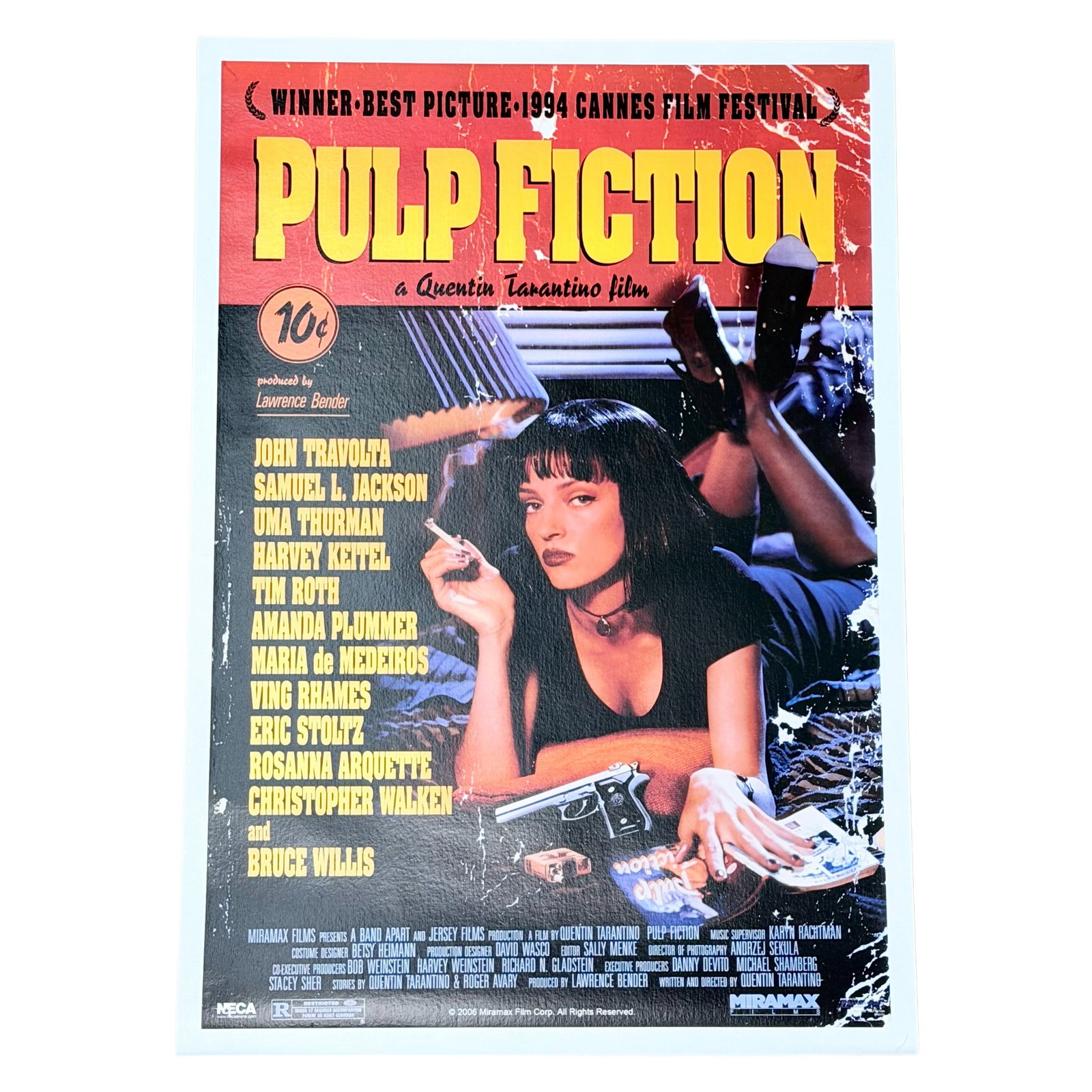 Pulp Fiction Licensed 2006 NECA Commercial Reproduction Movie Poster on Canvas: This is a licensed commercial reproduction movie poster for the 1994 film Pulp Fiction, produced by the National Entertainment Collectibles Association (NECA). The poster is on canvas and features the