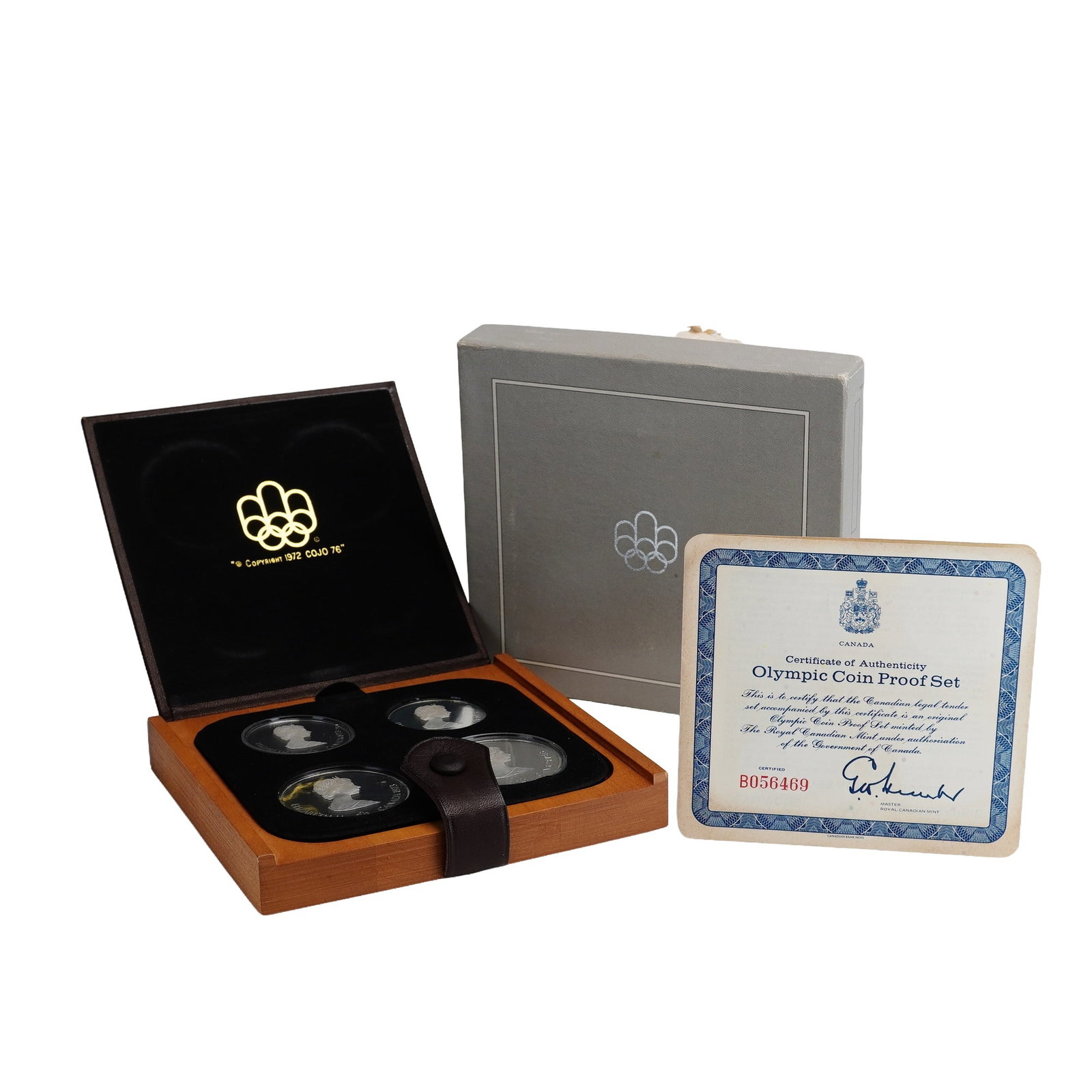 1973 Canadian 1976 Montreal Summer Olympics Sterling Silver Coin Set: This four-piece sterling silver commemorative coin set was issued in 1973 as part of the official numismatic program for the 1976 Montreal Summer Olympics. The obverse of each coin features a formal p