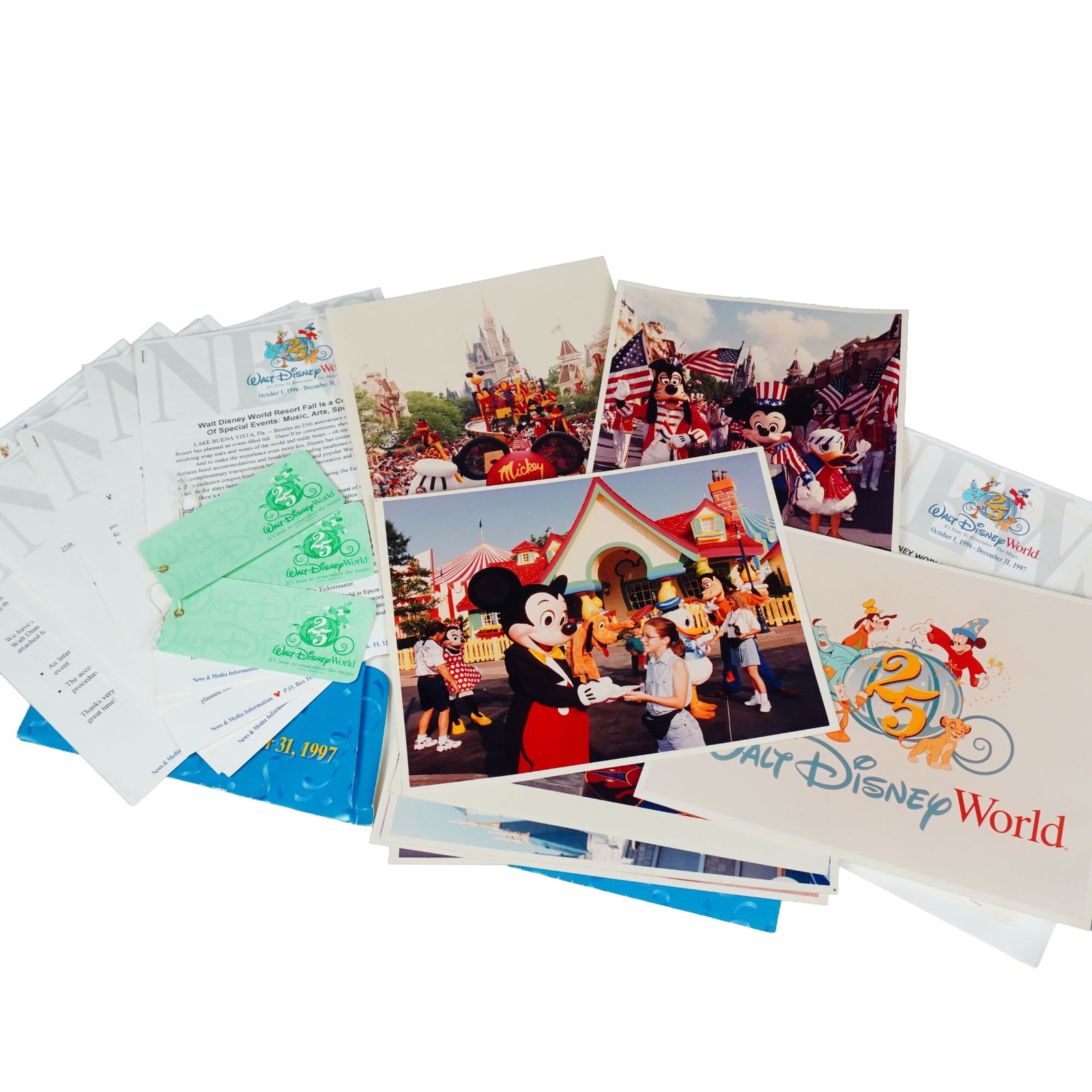 Original Walt Disney World 25th Anniversary Press Release Kit: This original Walt Disney World promotional packet includes press photos, press news releases, an itinerary, a letter to guests, and more, all about the 25th anniversary celebration. Dimensions: 9"L x