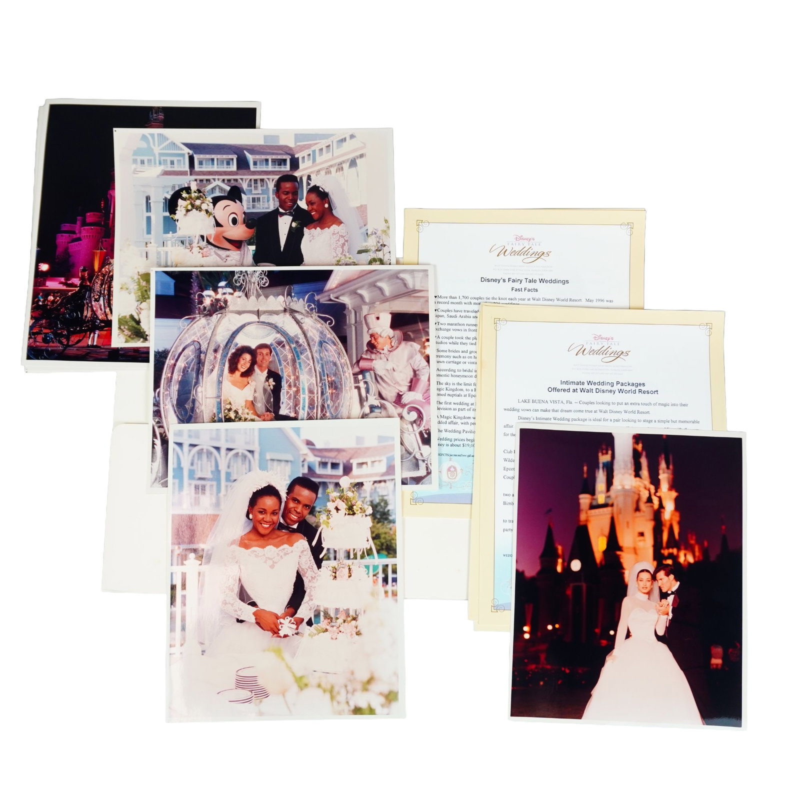 Original Walt Disney World Fairy Tale Weddings Press Release Kit: An original Walt Disney World press kit, including press photos and promotional news releases detailing the packages, ceremonies, and resort venues offered by Disney's Fairy Tale Weddings. Dimensions:
