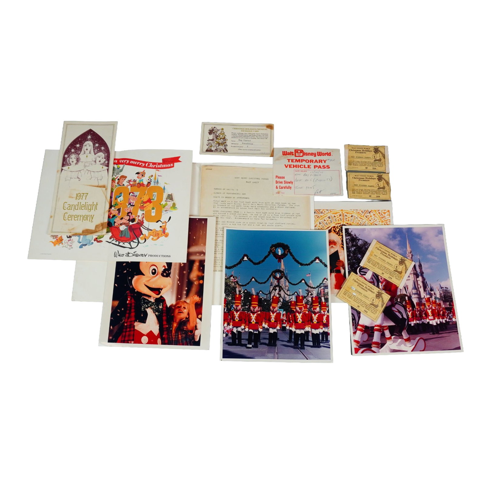 Assortment of Original Walt Disney World Christmas Press Materials and Memorabilia: This collection features press photographs for Walt Disney World Christmas celebrations, such as Mickey's Very Merry Christmas Parade and Holidays Around the World at Epcot. Additionally, the group in