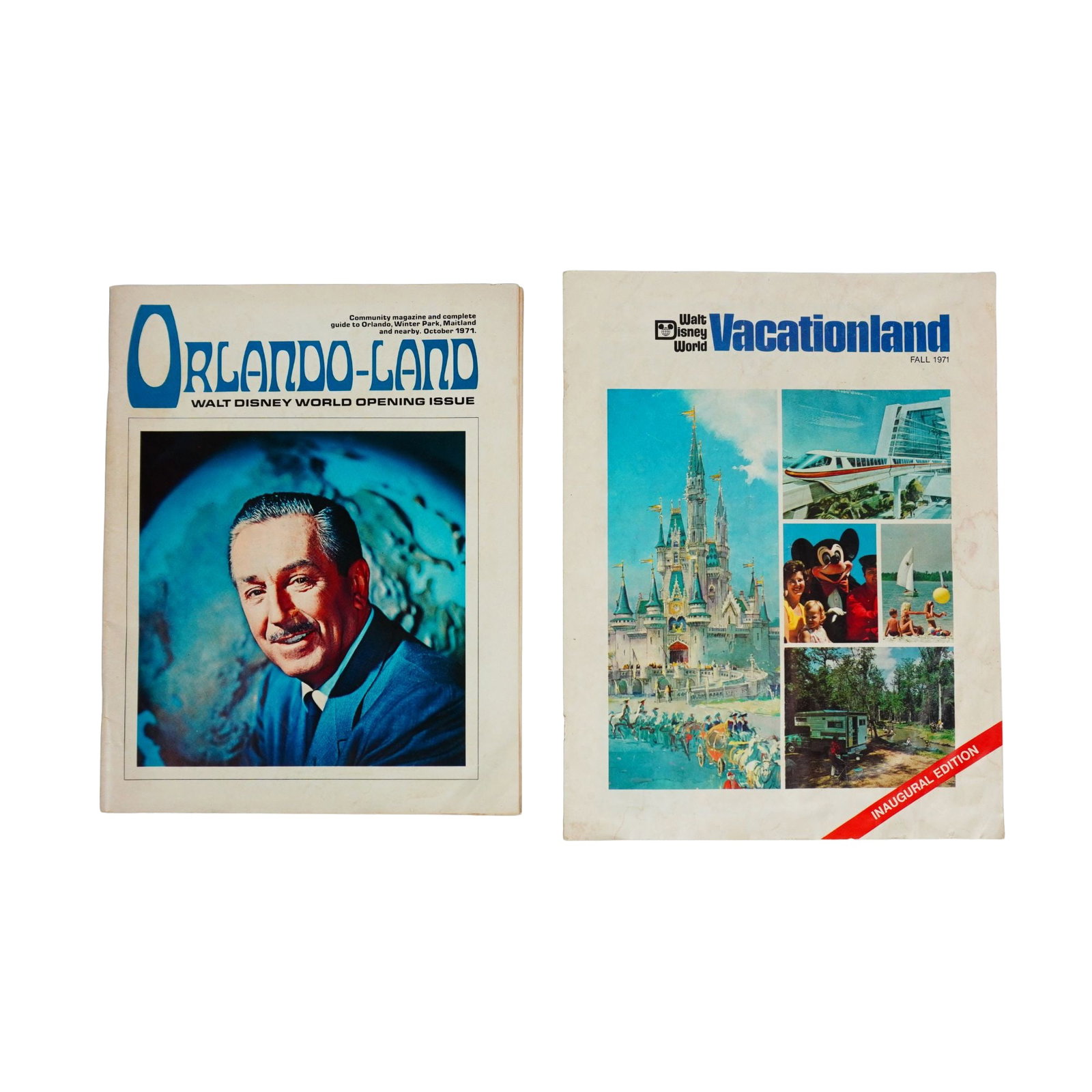 2pc 1971 Walt Disney World Vacationland and Orlando-Land Magazines: This collection includes the Inaugural Edition of Walt Disney World Vacationland and the Walt Disney World Opening Issue of Orlando-land, both issued in 1971. Dimensions: 8.75"L x 0.5"W x 11"H Provena
