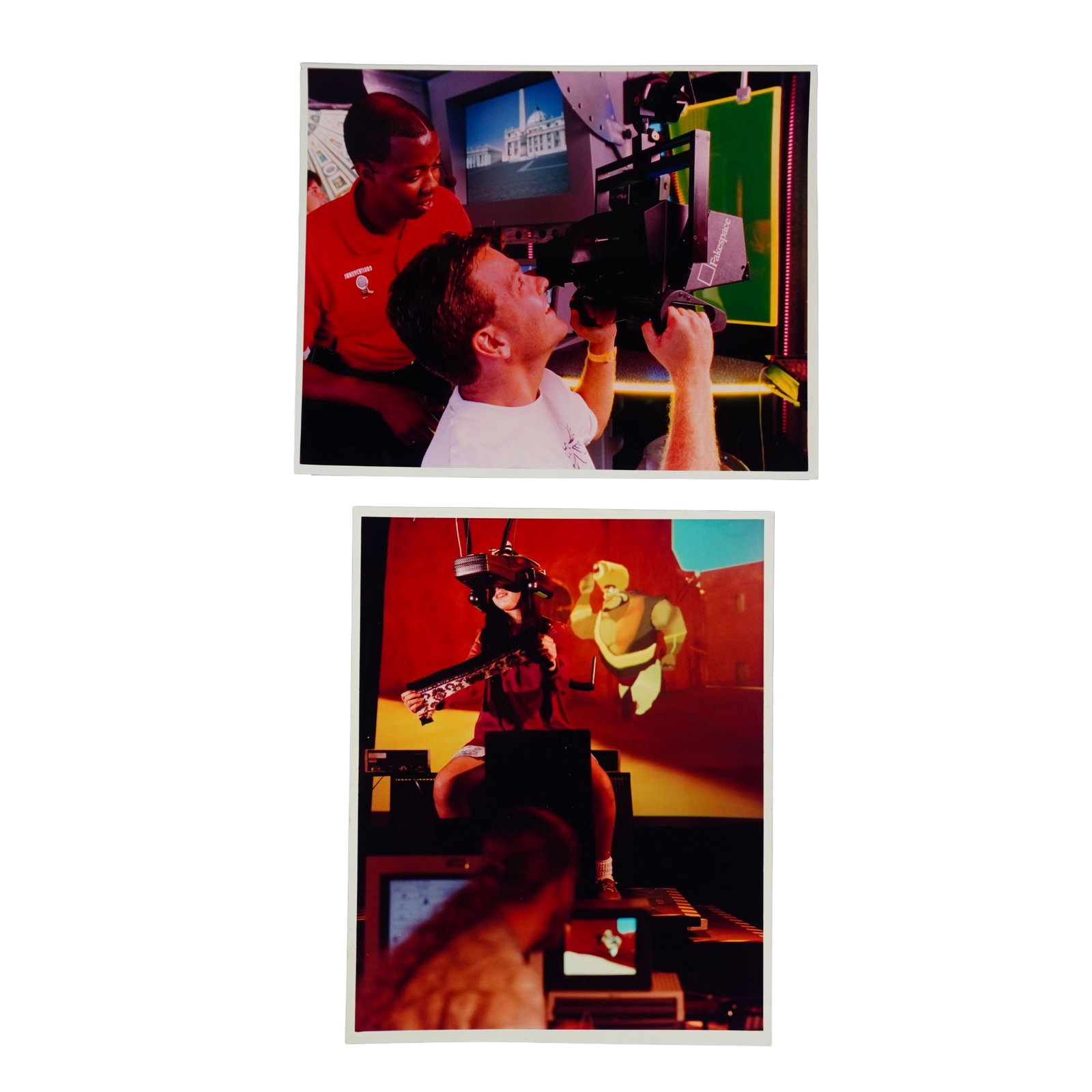2pc Walt Disney World Innoventions Virtual Reality Press Photographs: These press photographs showcase interactive virtual reality exhibits from Walt Disney Innoventions at Epcot. Dimensions: 8"L x 0.25"W x 10"H Date or Era: 1994-1995 Provenance: From the estate of Ray 