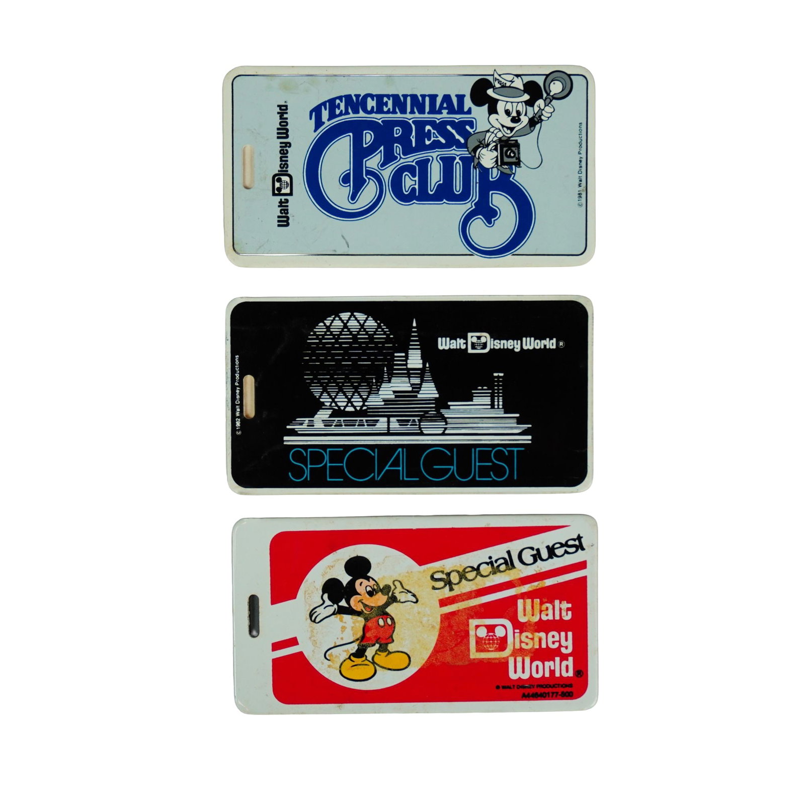 3pc Walt Disney Productions Special Guest and Press Club Luggage Tags: A collection of three vintage luggage tags for Walt Disney World media and VIP guests. Dimensions: 4.25"L x 0.5"W x 2.25"H Date or Era: c. 1981 Provenance: From the estate of Ray Fisher. Weight: 1.4 o
