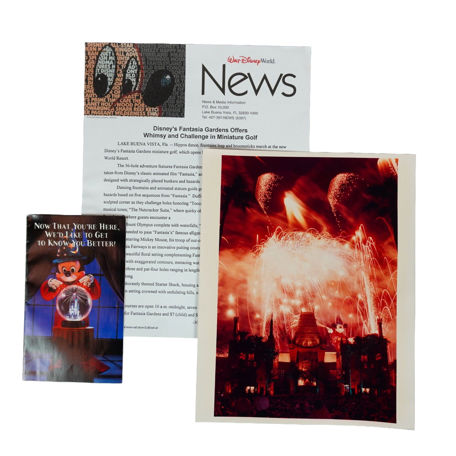 3pc Collection of Walt Disney World Fantasia Memorabilia: This collection features a pamphlet inviting guests to celebrate the 25th Anniversary of Walt Disney World, an original press photo of the Fantasia themed "Sorcery in the Sky" closing show at Disney-M