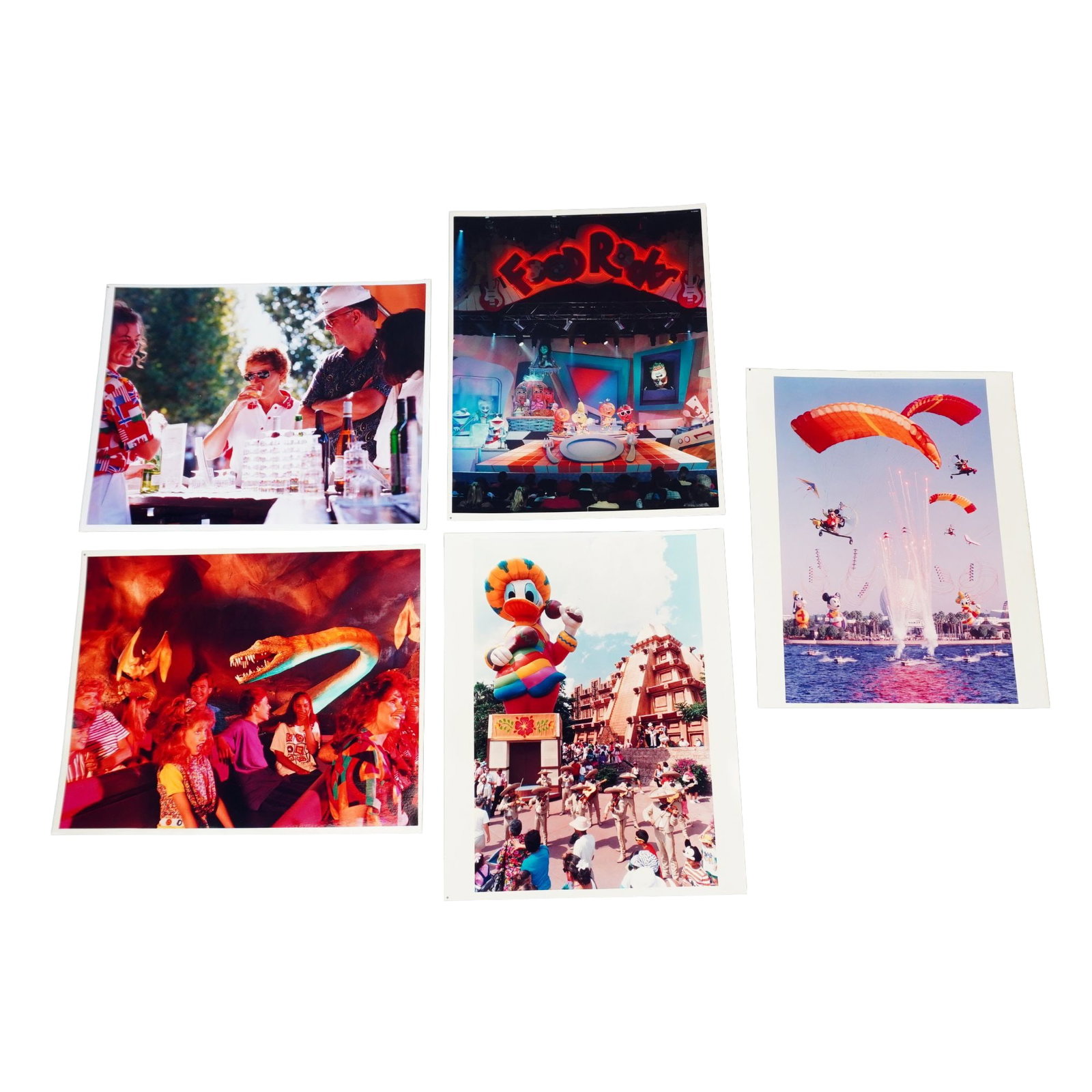5pc 1990's Original Walt Disney World Epcot Press Photographs: A collection of five photographs from 1991-1997 showcasing Walt Disney World's Epcot, including the Universe of Energy ride, the Food Rocks attraction, and the Surprise in the Sky daytime show. Dimens