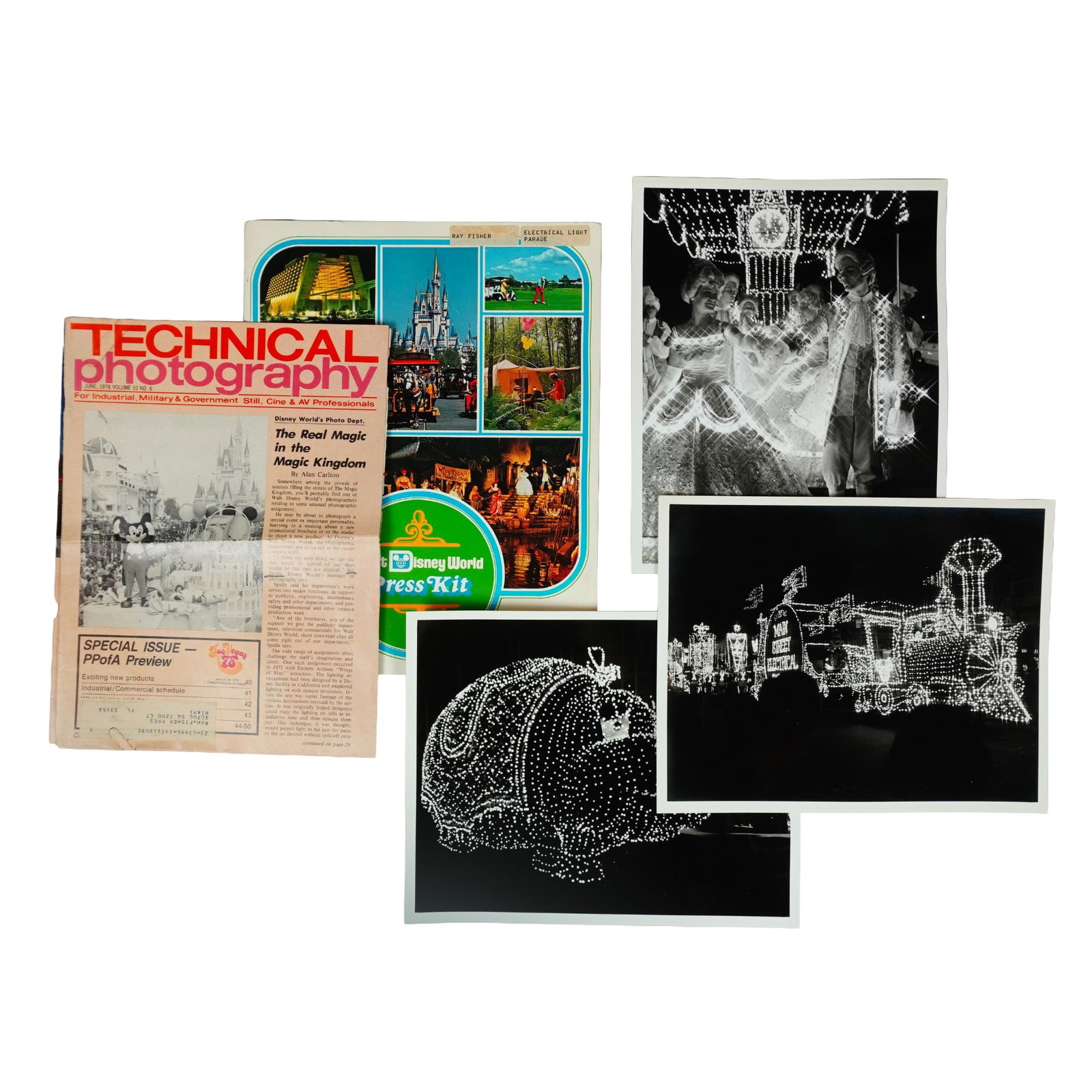 5pc Original Walt Disney World Electrical Parade Press Materials: A collection of original Walt Disney World press materials for the Electrical Parade, including press photographs, pages from an issue of Technical Photography featuring a picture from the parade, cor