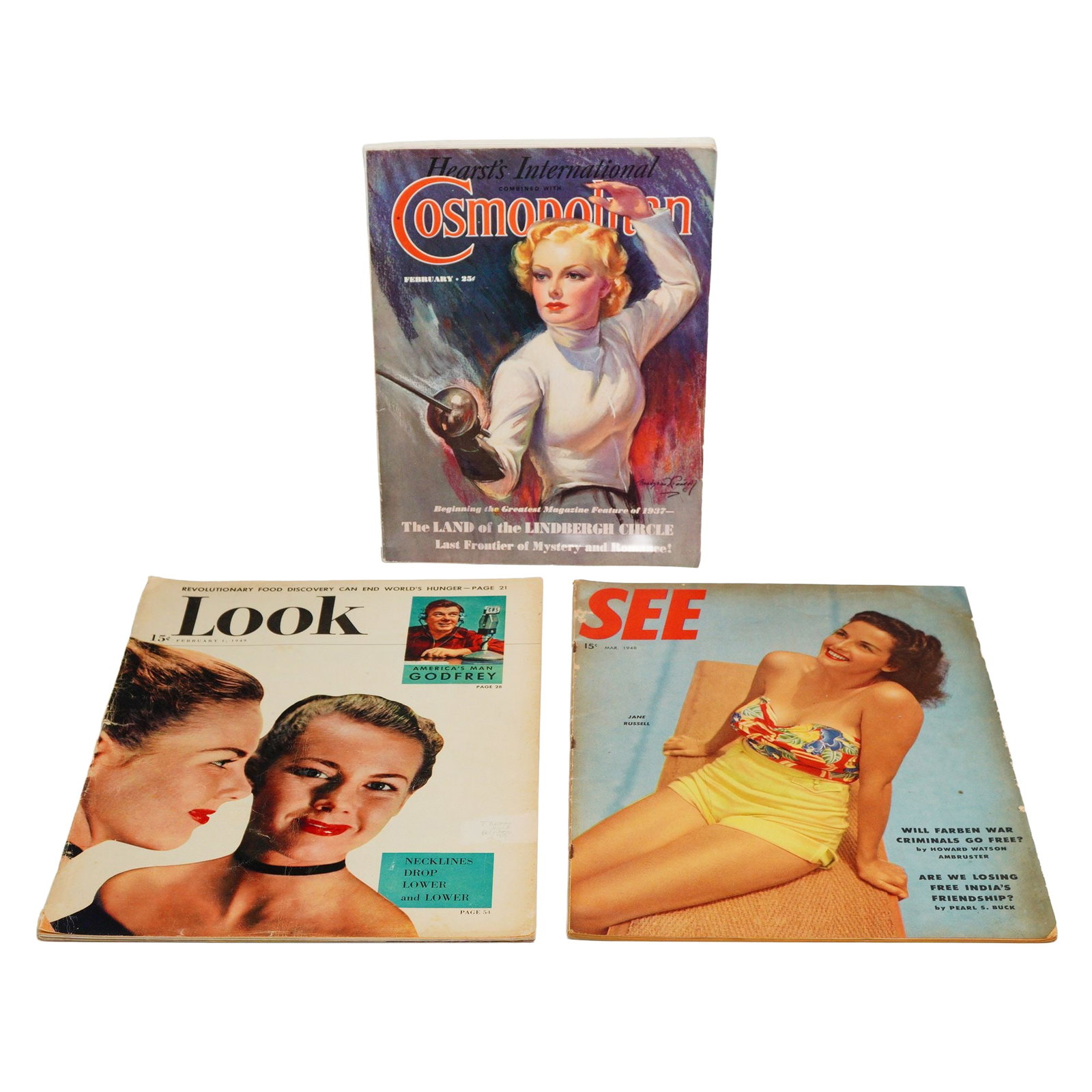 A Trio of Vintage American Periodicals: Cosmopolitan, See, and Look, 1937-1949: This lot consists of three vintage American magazines from the mid-20th century. The collection includes Hearst's International combined with Cosmopolitan (February 1937), See (March 1948), and Look (