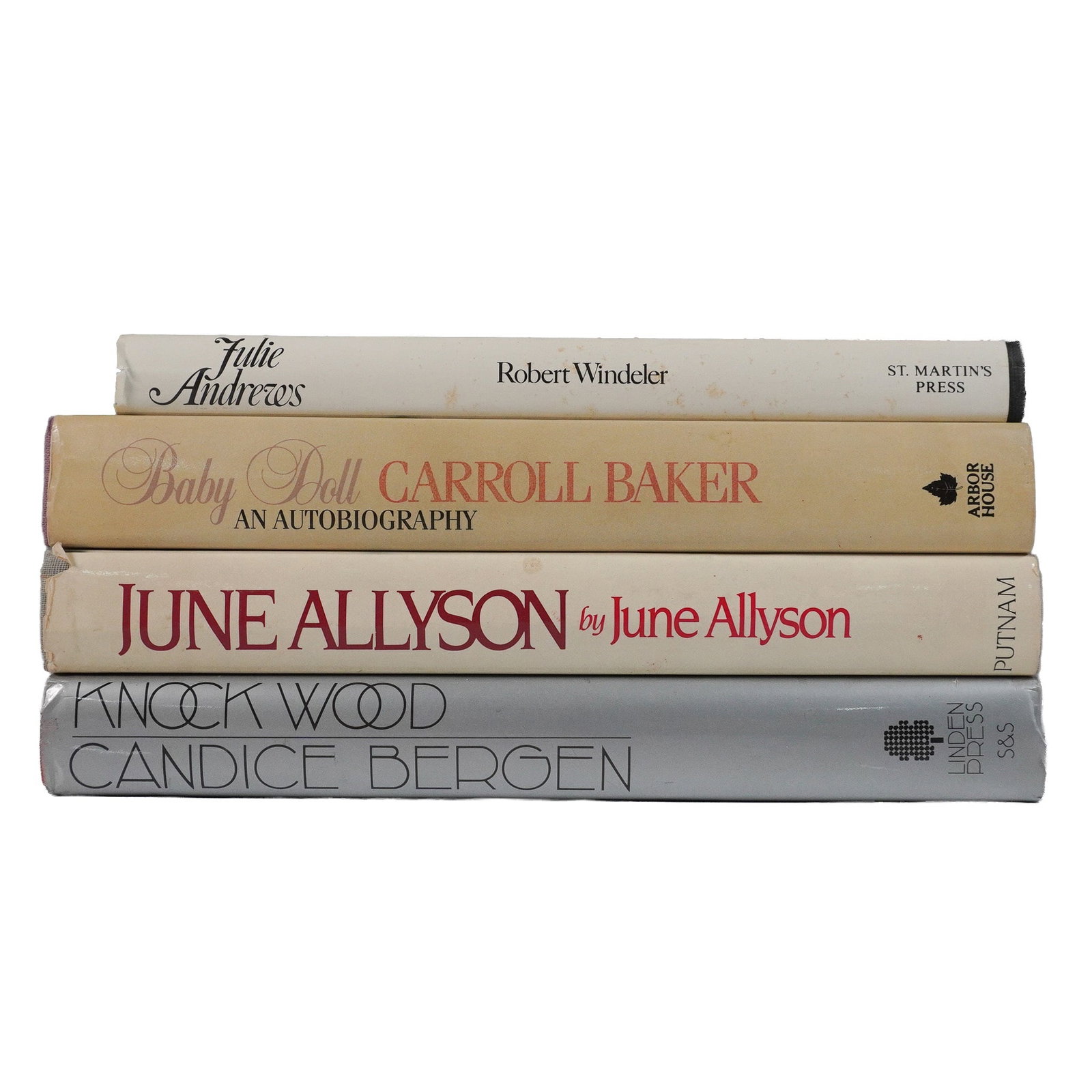 4 Hollywood Biographies Hardcover Books: Titles including: June Allyson by June Allyson with Frances Spatz Leighton (1982); Baby Doll: An Autobiography by Carroll Baker (1983); Knock Wood by Candice Bergen (1984); Julie Andrews by Robert Win