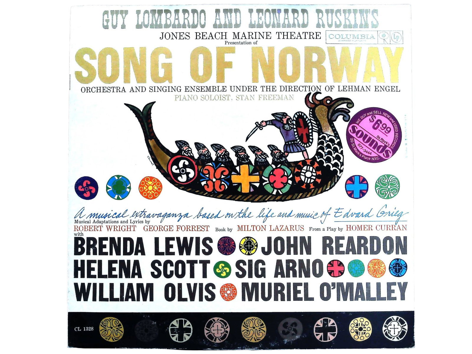Guy Lombardo and Leonard Ruskins. Song of Norway. Columbia CL 1328, 1959.: Vinyl LP Record Album, 12-inch, Mono. Guy Lombardo and Leonard Ruskins (Presenters) / Lehman Engel (Director) - SONG OF NORWAY (Jones Beach Marine Theatre Presentation). New York, NY: Columbia Records