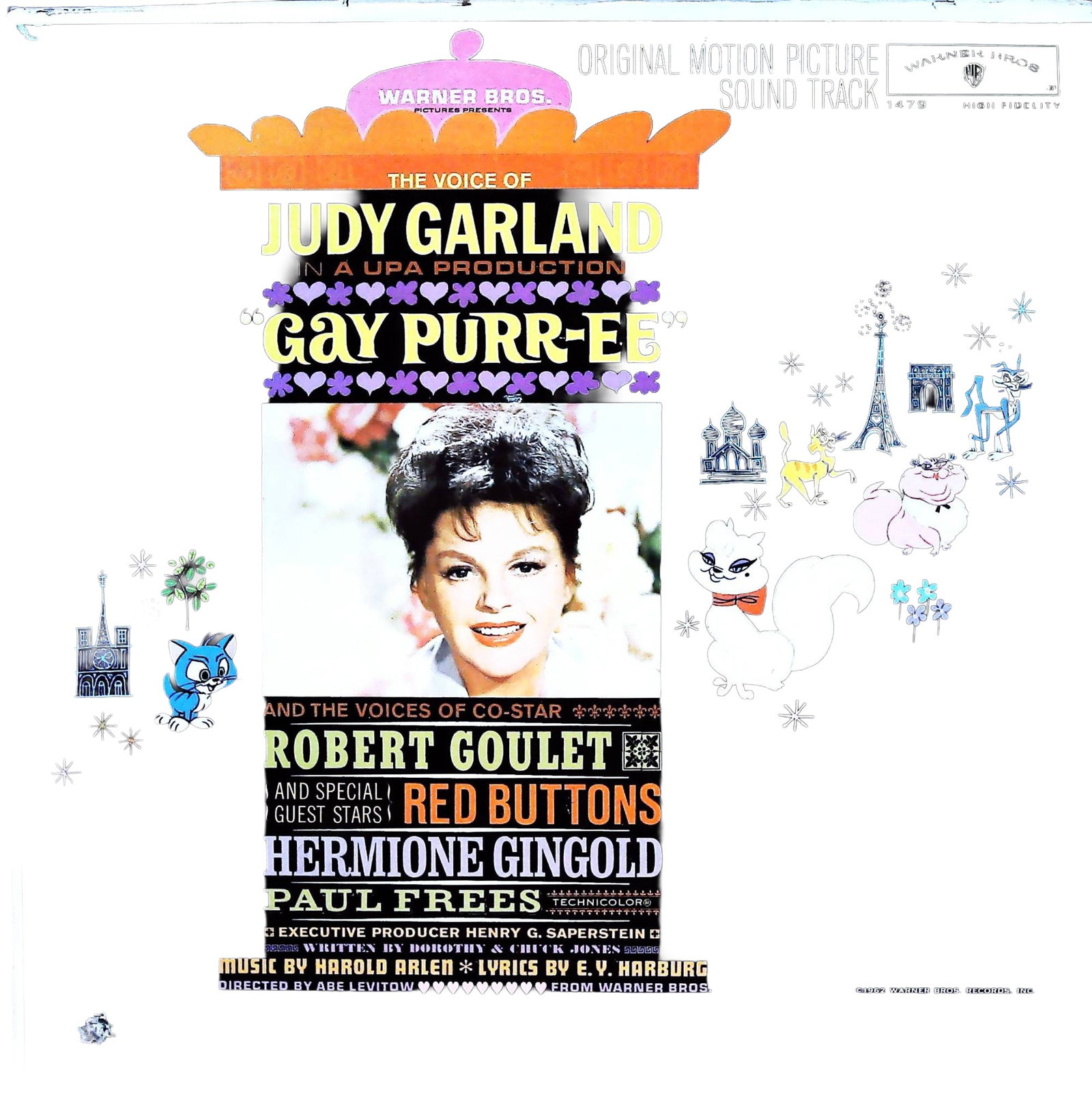 Judy Garland - Gay Purr-ee Soundtrack LP Record, Warner Bros. 1962: This item is an original 1962 Warner Bros. Records vinyl album for "Gay Purr-ee," the Original Motion Picture Sound Track. The printed cardboard cover features a vibrant blend of photographic and illu