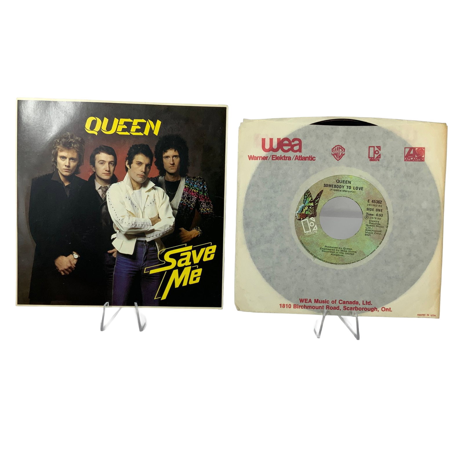 Queen Save Me United Kingdom Picture Sleeve and Somebody To Love Canadian 7-Inch Vinyl Single: This lot features two distinct Queen records components that are mismatched. The first component is an original 7-inch picture sleeve for the single Save Me b/w Let Me Entertain You, released by EMI R