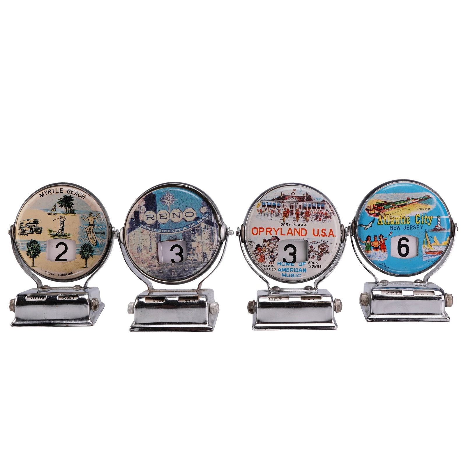 Four Vintage Chrome Perpetual Flip Roll Top Souvenir Desk Calendars: This collection consists of four vintage chrome-plated perpetual flip roll top desk calendars, each produced as a souvenir for a different United States travel destination. The mechanical design featu