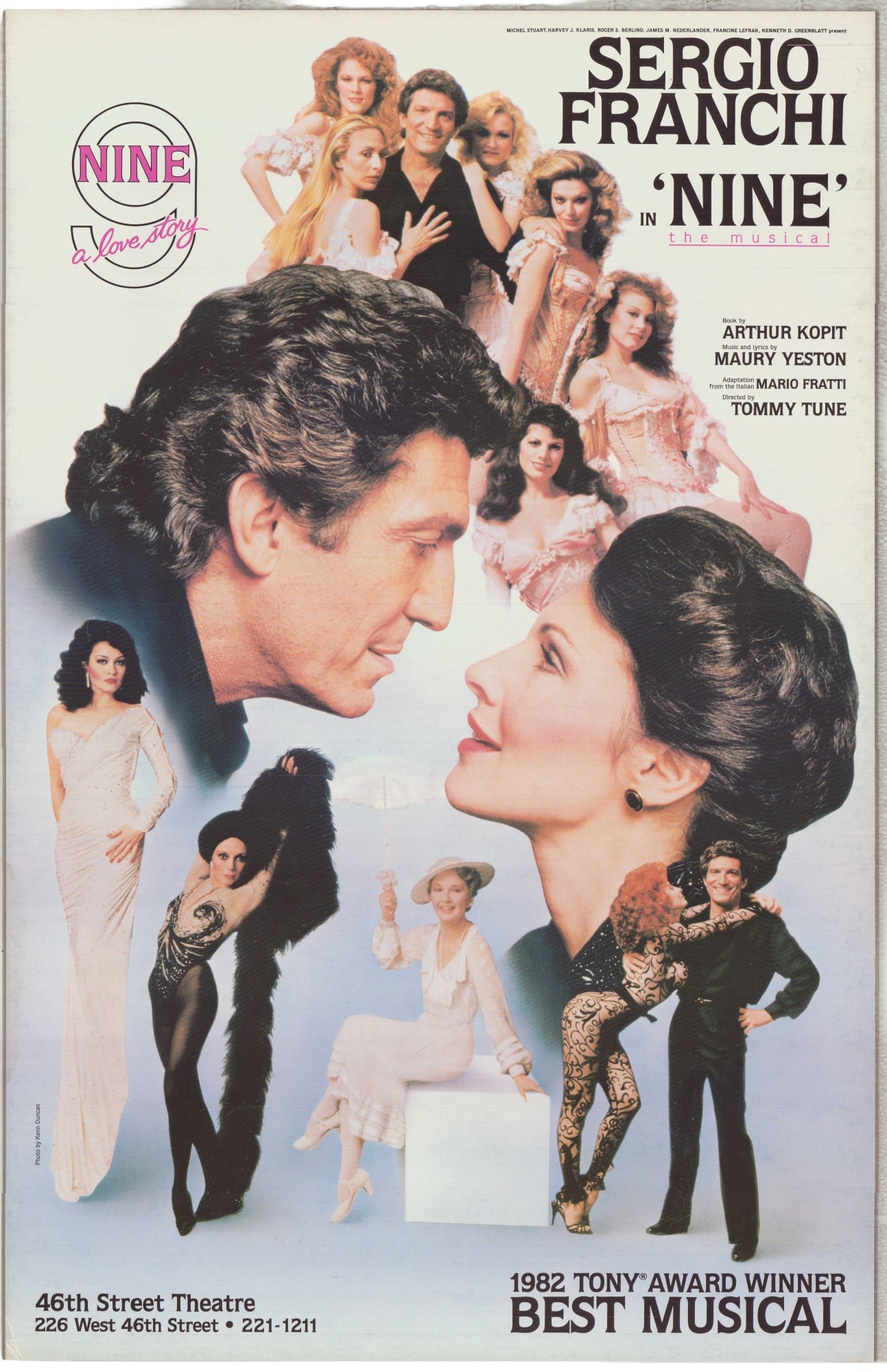Nine the Musical, Original Theatre Board, Starring Sergio Franchi: This original theatre board for Nine, A Love Story, celebrates the production as the 1982 Tony Award winner for Best Musical. This promotional poster dates to circa 1983 when Sergio Franchi joined the