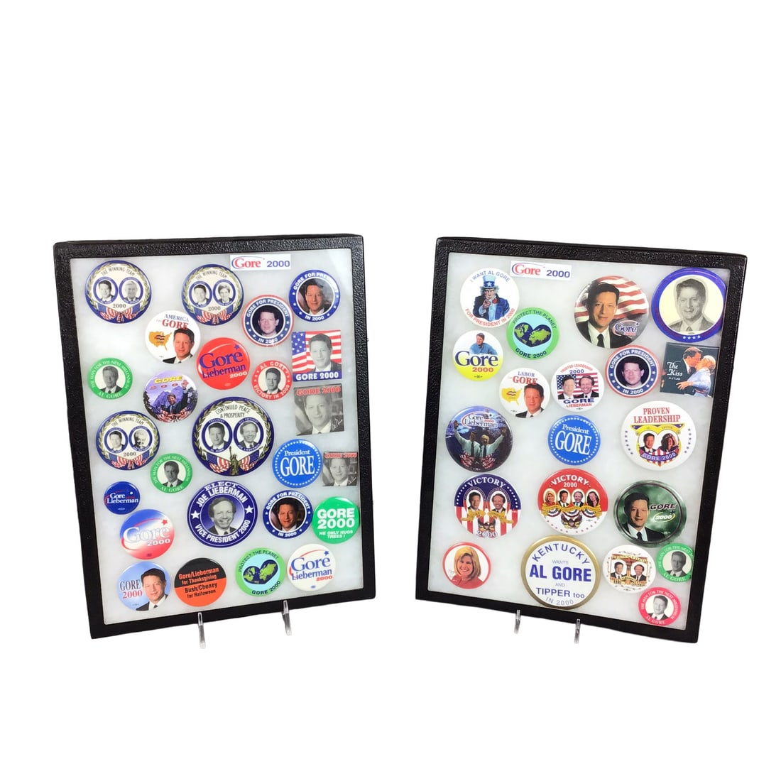 A Pair of Framed Al Gore and Joe Lieberman 2000 Presidential Campaign Tray Pins (1 of 4)