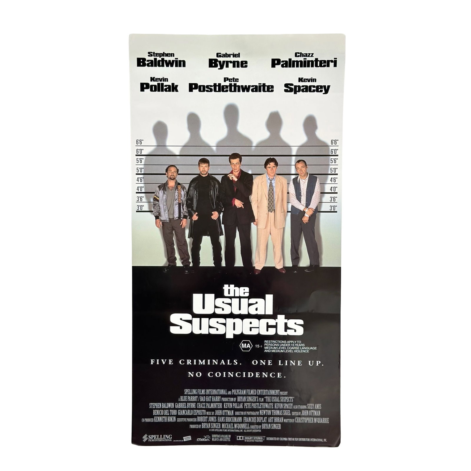 The Usual Suspects (1995) Original Australian Theatrical Movie Poster: This is an original theatrical release movie poster for the 1995 film The Usual Suspects, directed by Bryan Singer. Produced by Spelling Films International and Polygram Filmed Entertainment, the post